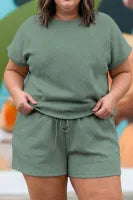 Mineral Blue Plus Size Textured Short Sleeve Top Drawstring Shorts Set