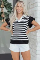 Black Stripe Collar V Neck Ruffled Short Sleeve Blouse