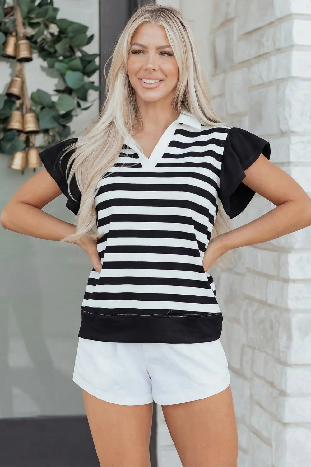 Black Stripe Collar V Neck Ruffled Short Sleeve Blouse