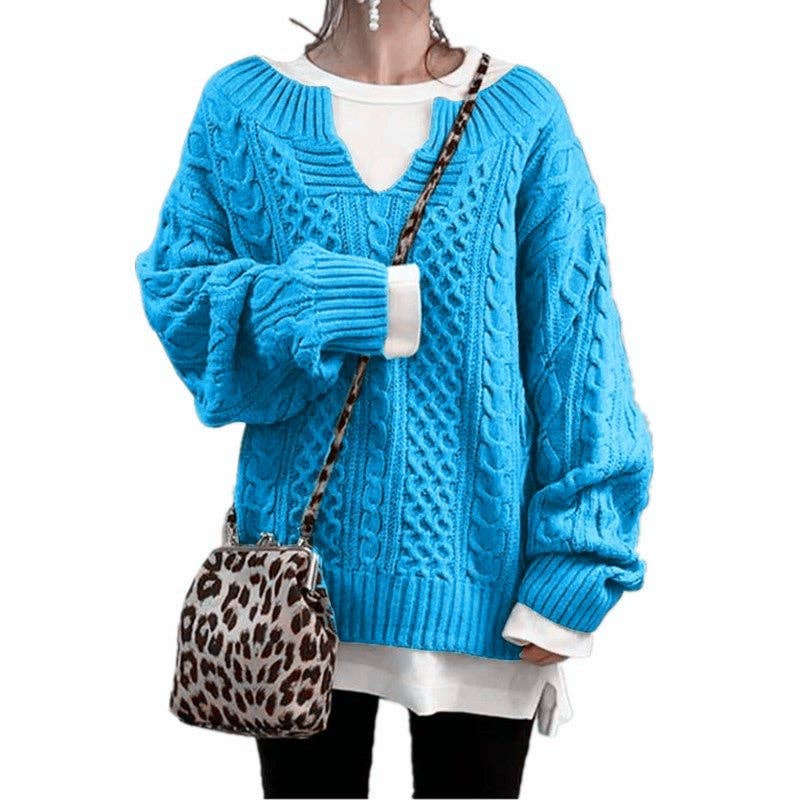 Women Cable Knit Sweater Casual Ribbed Pattern Knit Top: Black / L