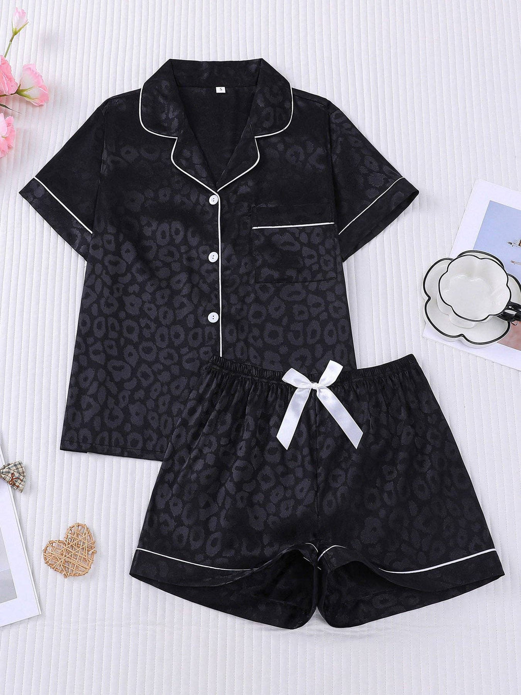Leopard Print Silky Pajama Set: Black