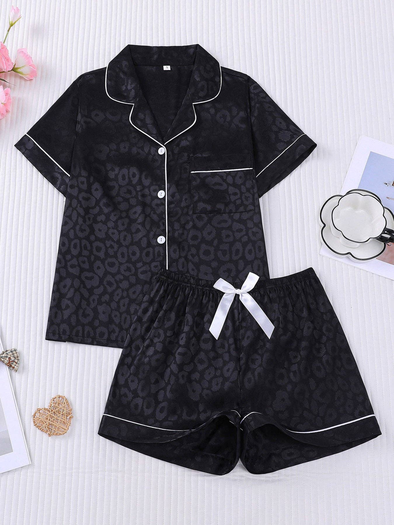 Leopard Print Silky Pajama Set: Black