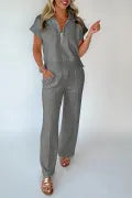 Gray Half Zip Polo Tee Casual Pant Set