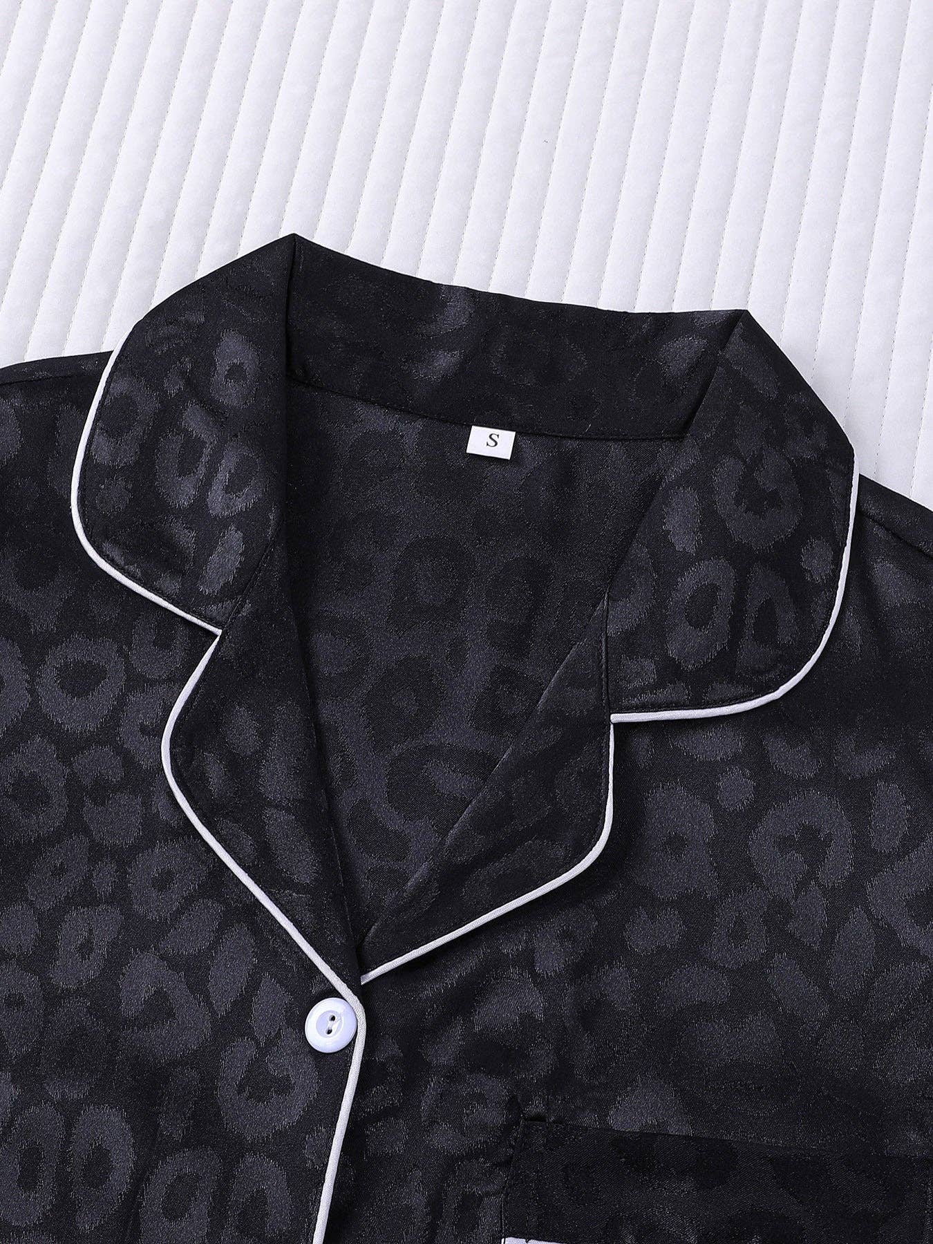 Leopard Print Silky Pajama Set: Black