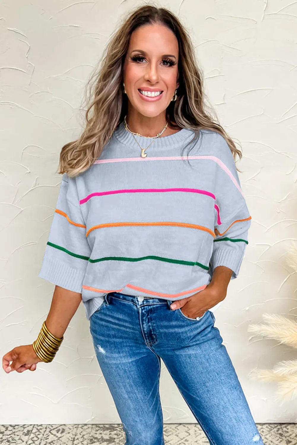 Beau Blue Colorblock Striped Half Sleeve Drop Shoulder Sweater