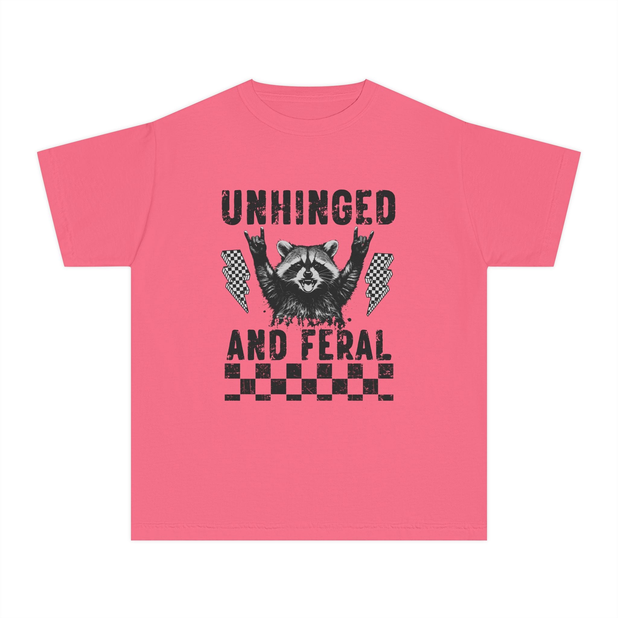 Youth Tee — "Unhinged and Feral" Raccoon Graphic