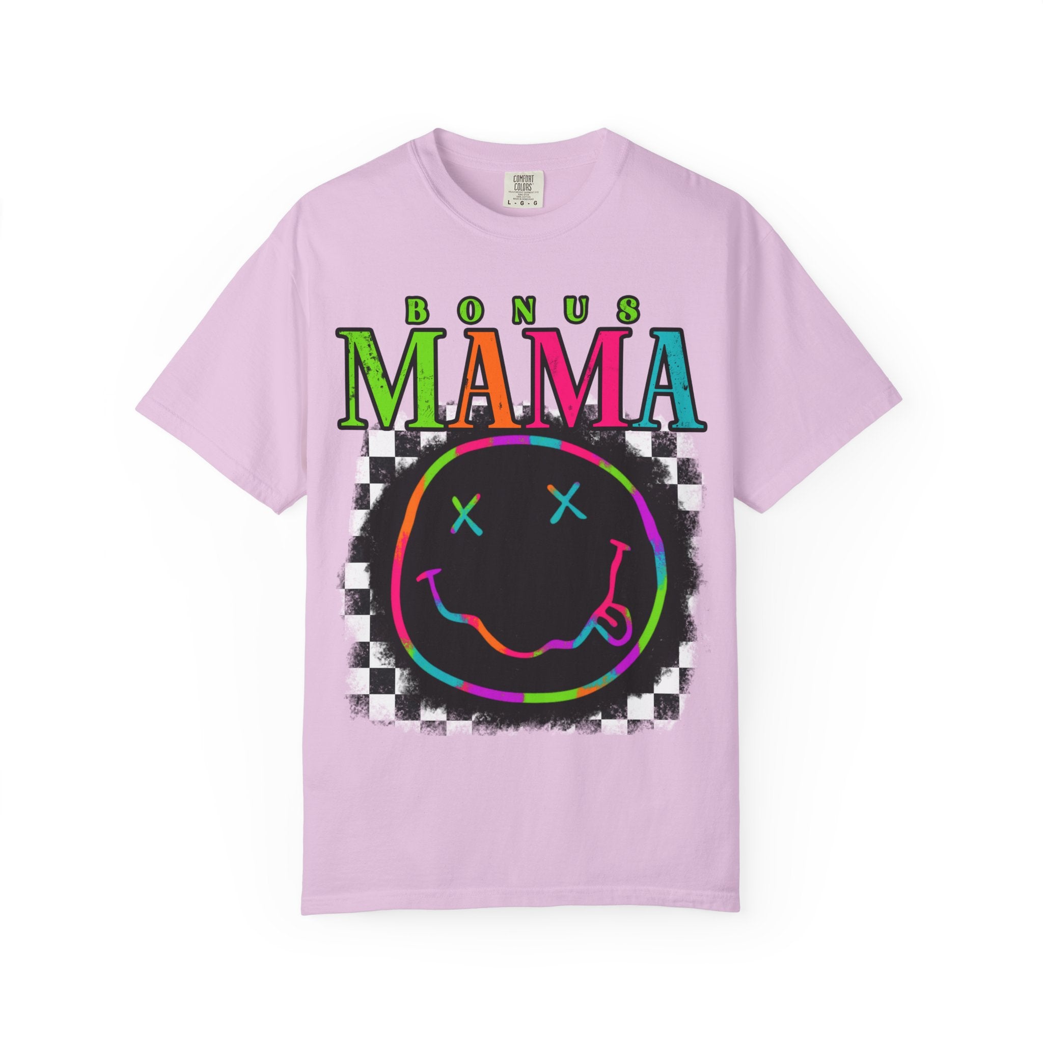 Bonus Mama Graphic T-Shirt — Neon Smiley Checkerboard Retro Tee