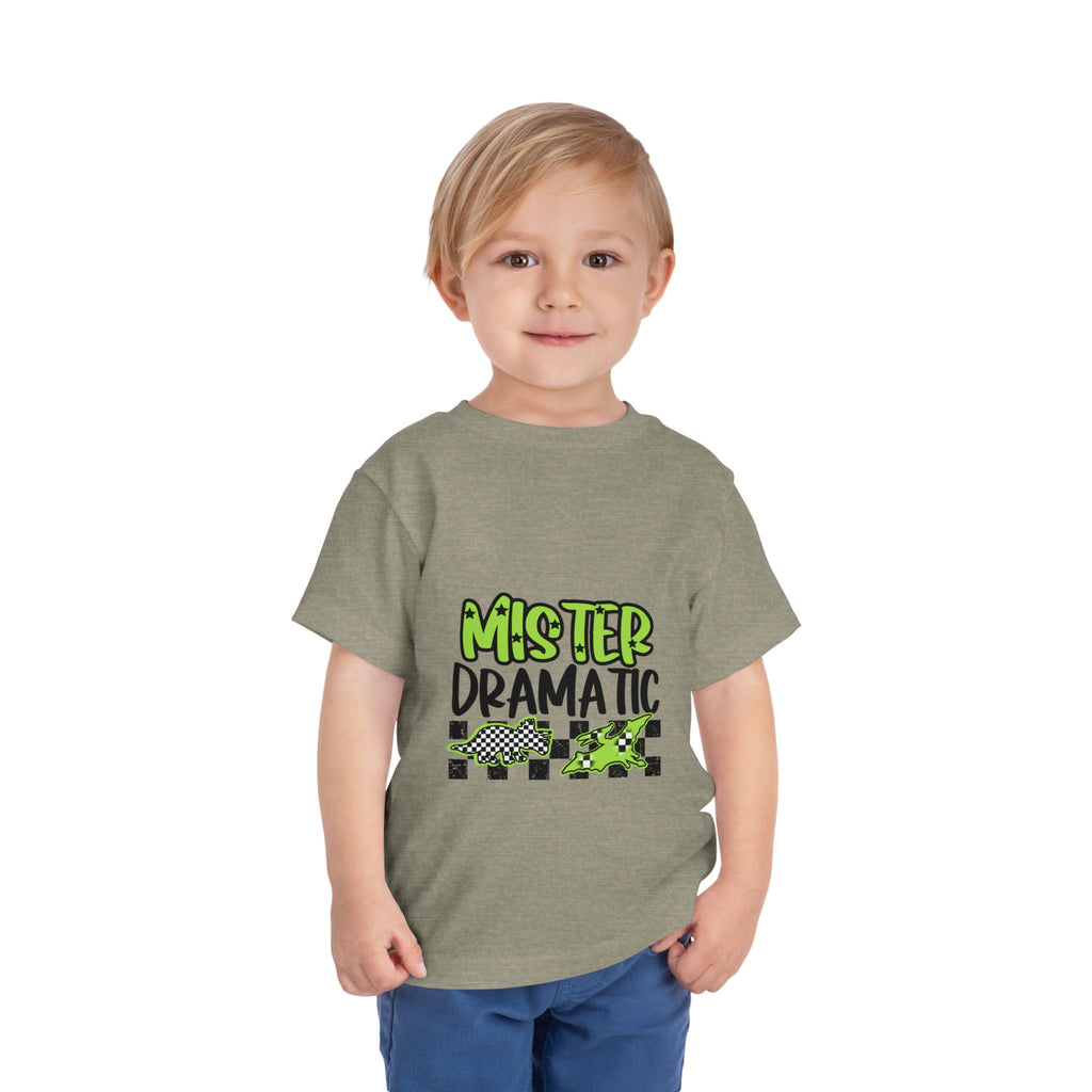 Toddler Tee — "Mister Dramatic" Neon Green Check Dinosaur Shirt