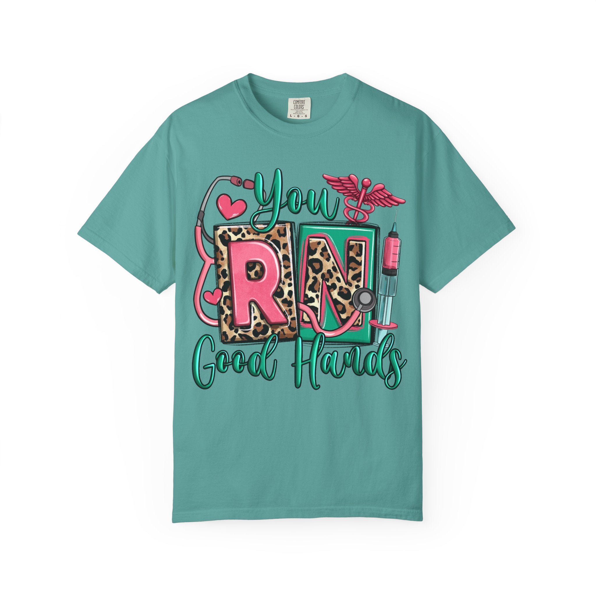 RN Good Hands T-Shirt — Cute Leopard Nurse Graphic Tee for Registered Nurses
