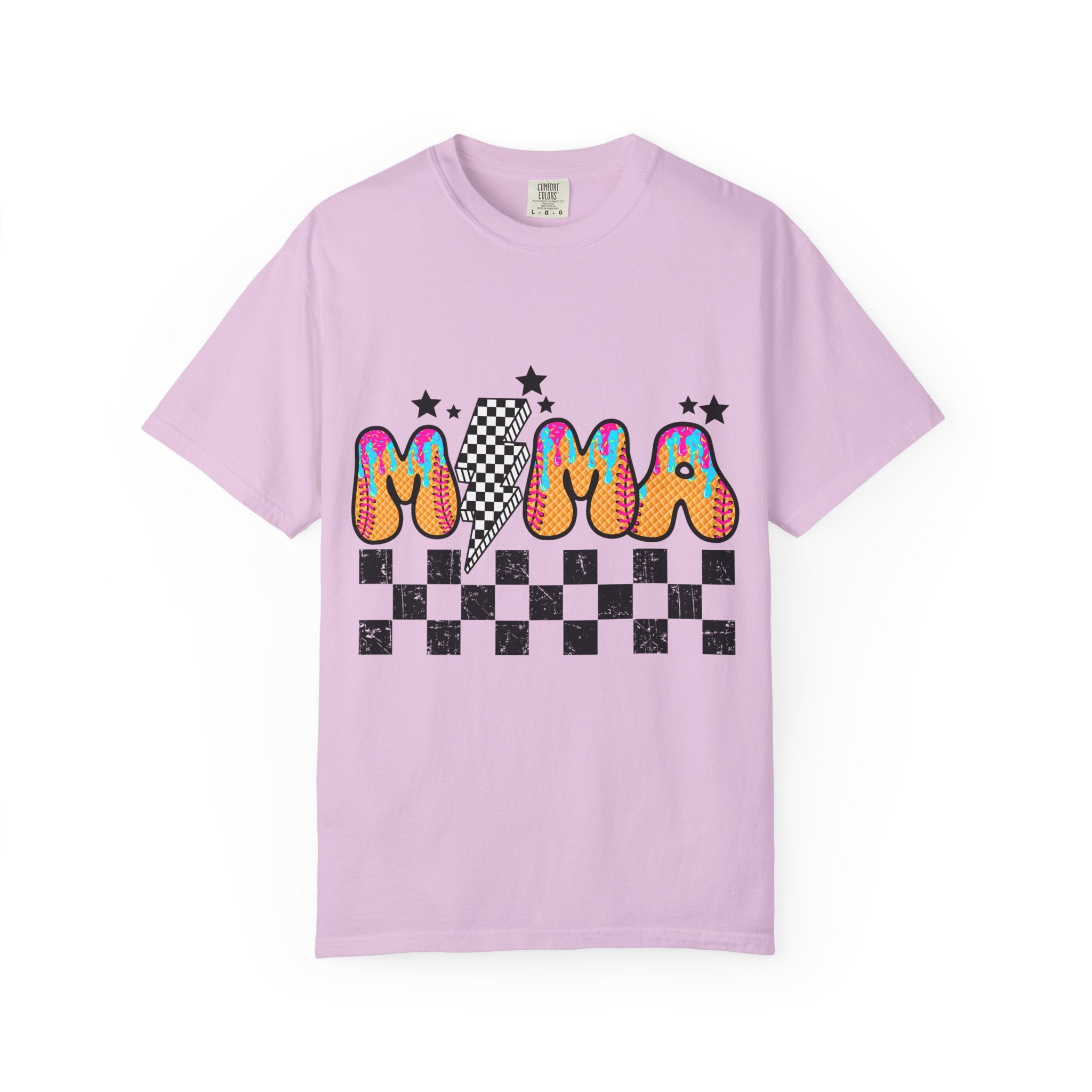 Retro Mama T-Shirt — Colorful Psychedelic 'MAMA' Graphic with Checkerboard