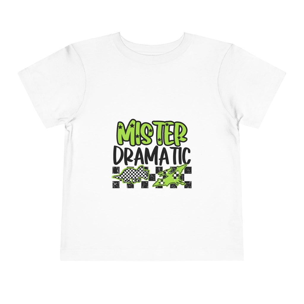 Toddler Tee — "Mister Dramatic" Neon Green Check Dinosaur Shirt