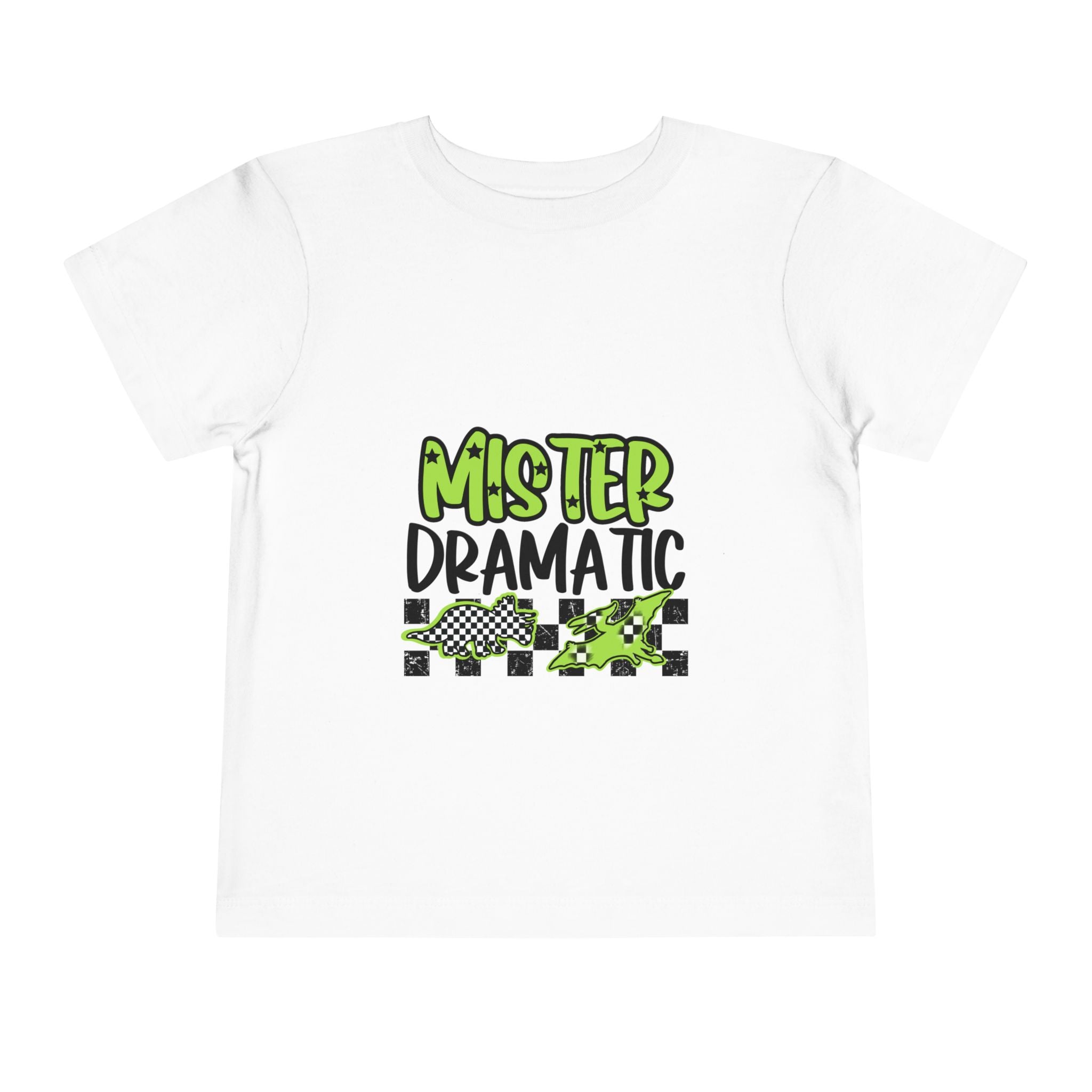 Toddler Tee — "Mister Dramatic" Neon Green Check Dinosaur Shirt