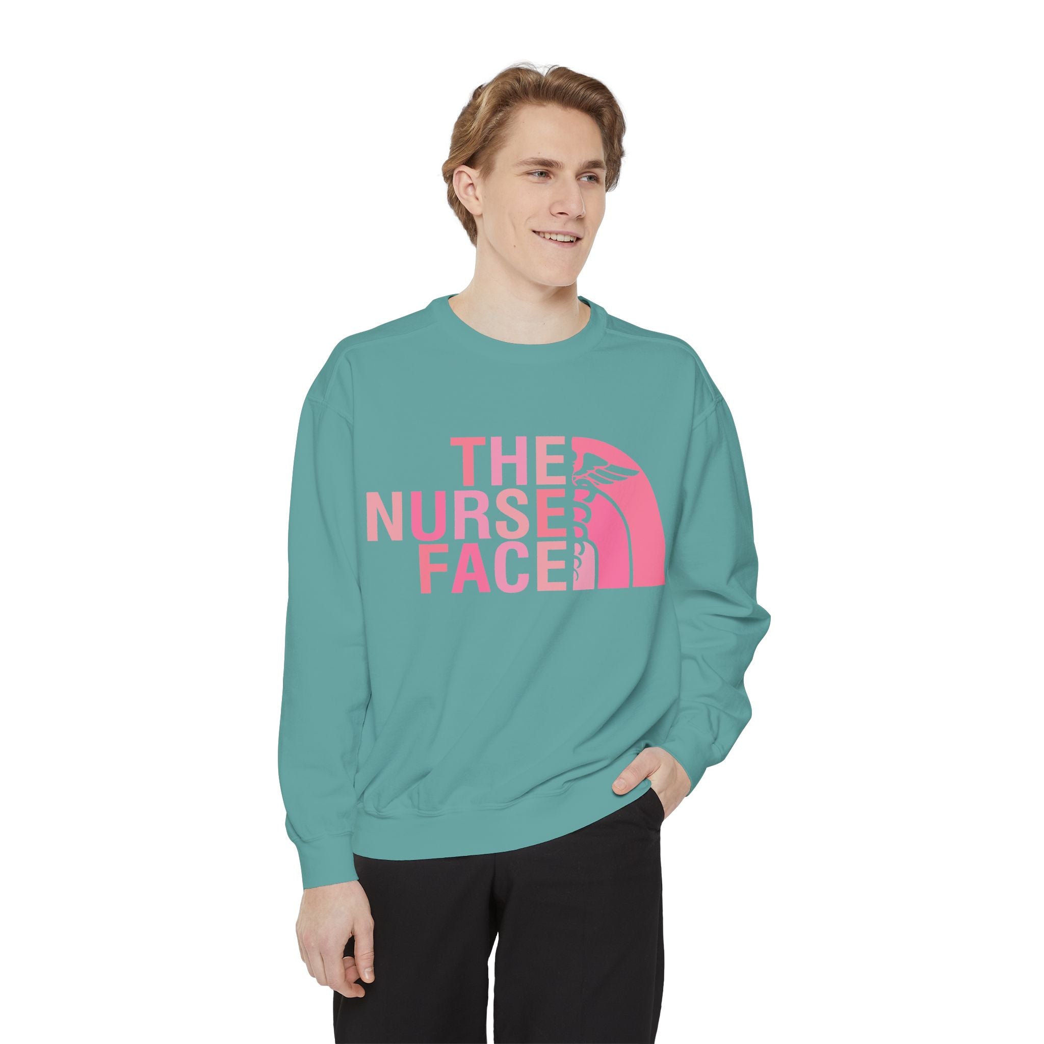Nurse Face Sweatshirt — Pink Caduceus Retro Graphic Crewneck