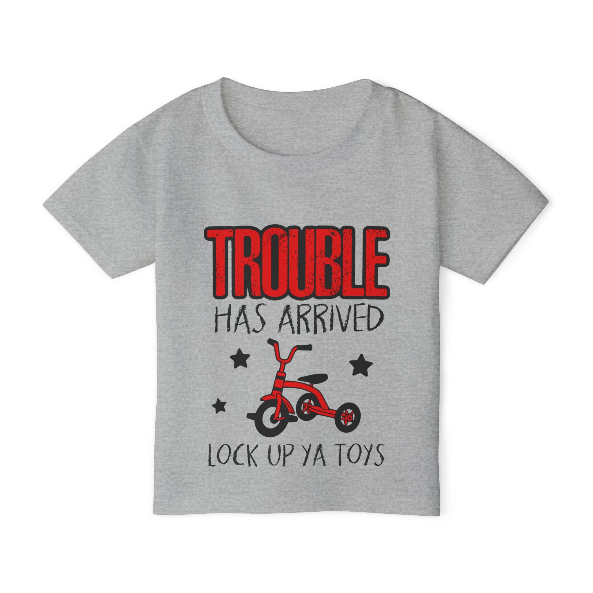 Toddler T-Shirt — “Trouble Has Arrived” Red Tricycle Funny Kids Tee