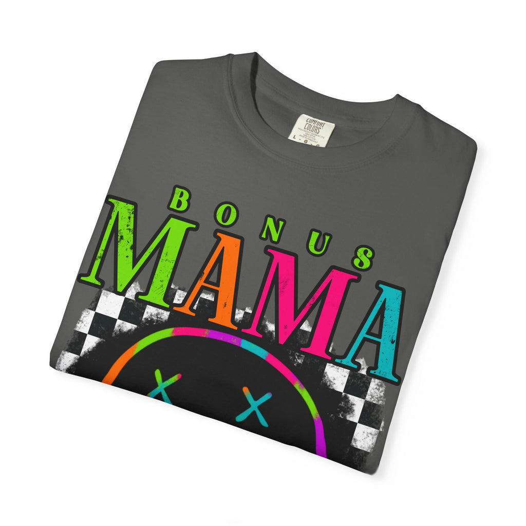 Bonus Mama Graphic T-Shirt — Neon Smiley Checkerboard Retro Tee