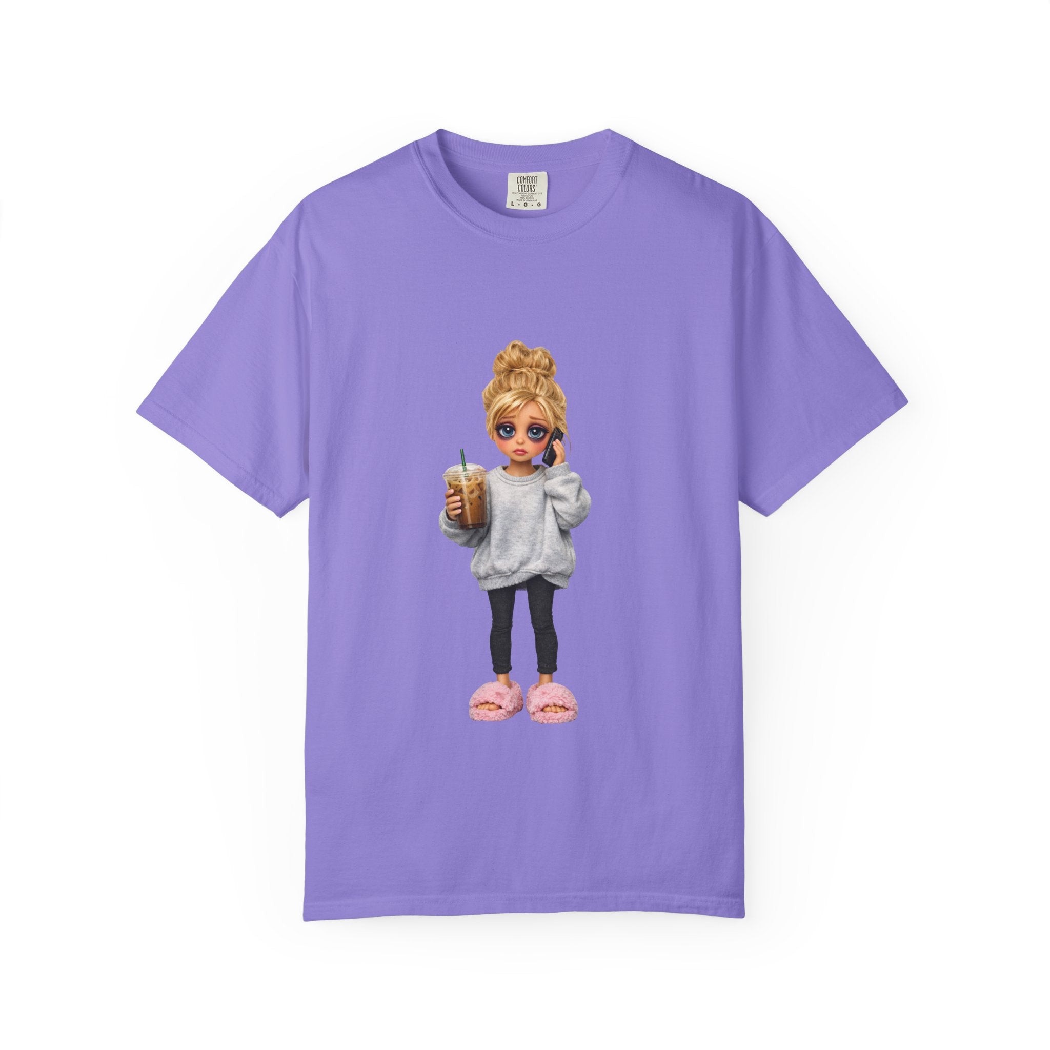 Cozy Morning Doll Graphic T-Shirt — Cute Girl in Slippers Coffee Tee