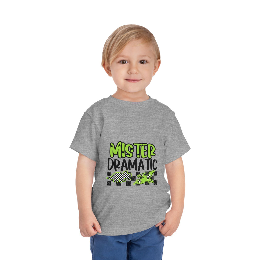 Toddler Tee — "Mister Dramatic" Neon Green Check Dinosaur Shirt