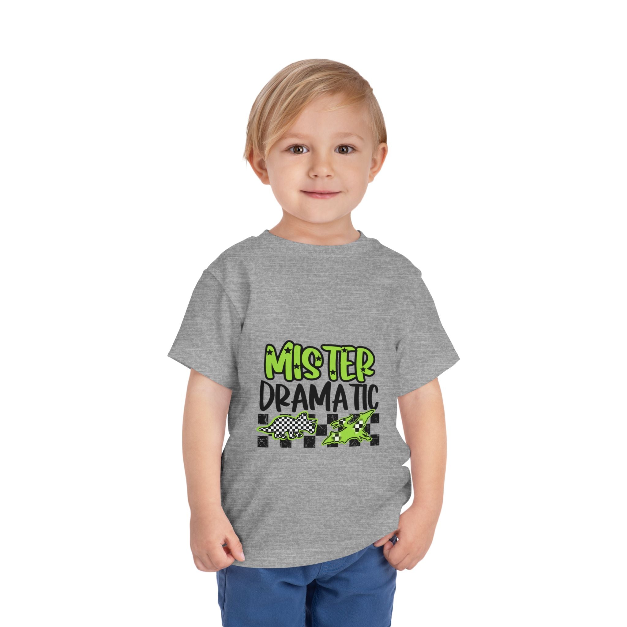 Toddler Tee — "Mister Dramatic" Neon Green Check Dinosaur Shirt