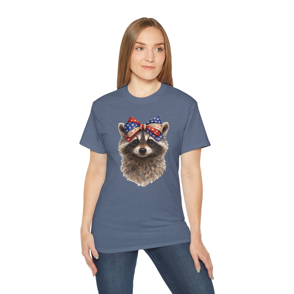 Raccoon with American Flag Bow Tee
