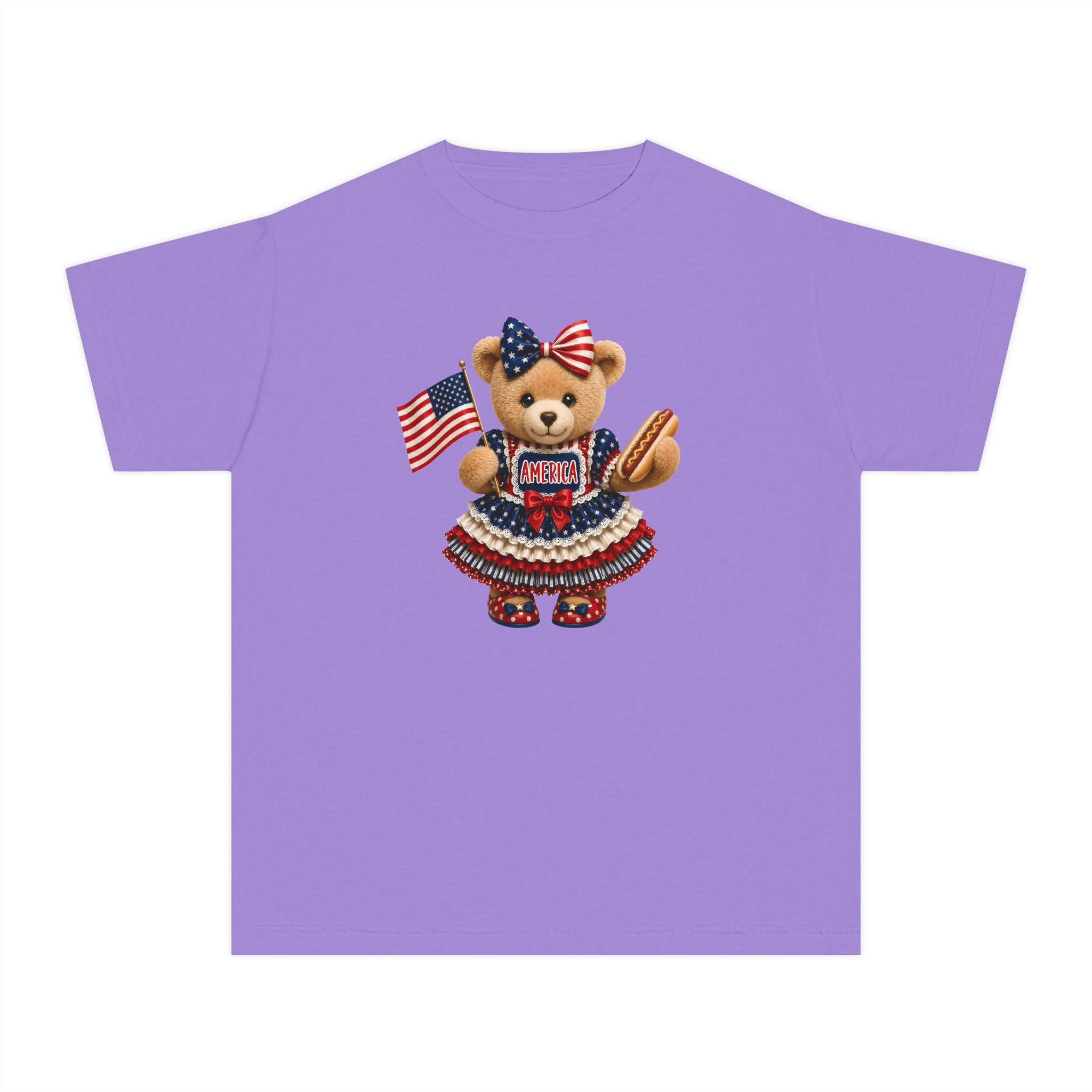 Youth Tee - Patriotic Bear Holding American Flag (4th of July Kids Shirt)