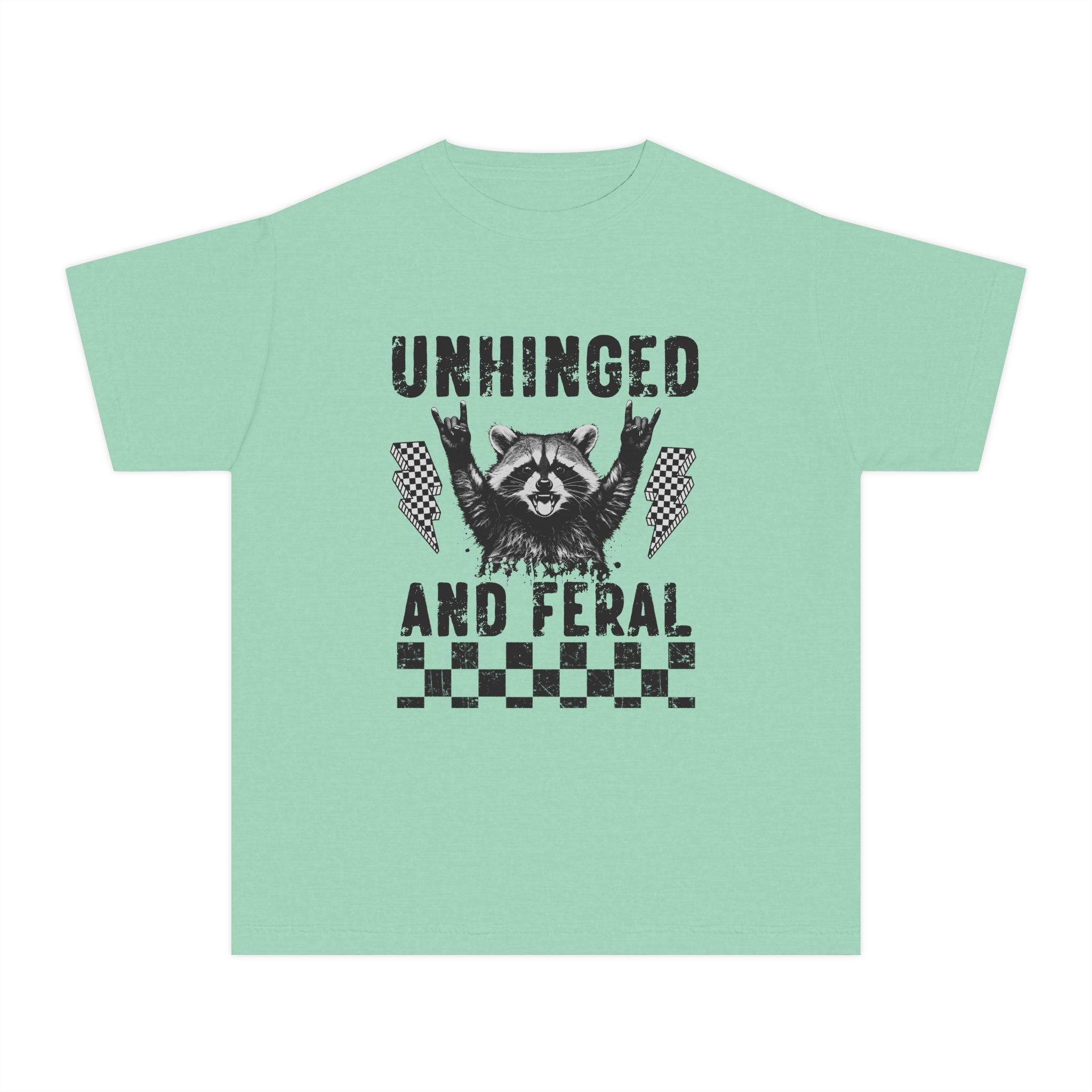 Youth Tee — "Unhinged and Feral" Raccoon Graphic