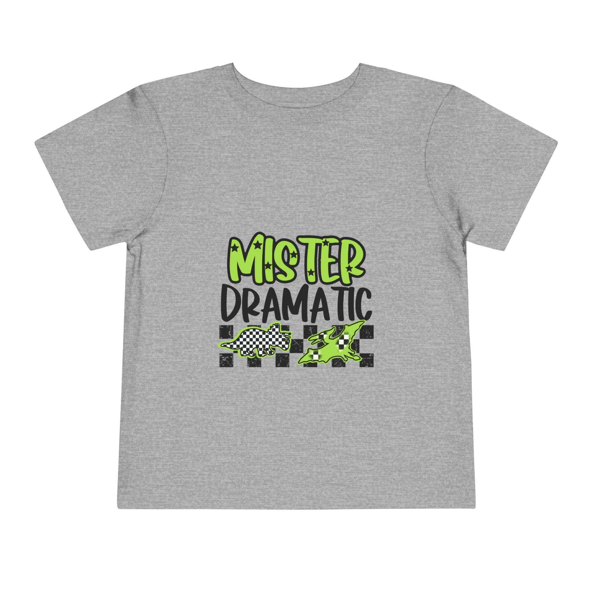 Toddler Tee — "Mister Dramatic" Neon Green Check Dinosaur Shirt