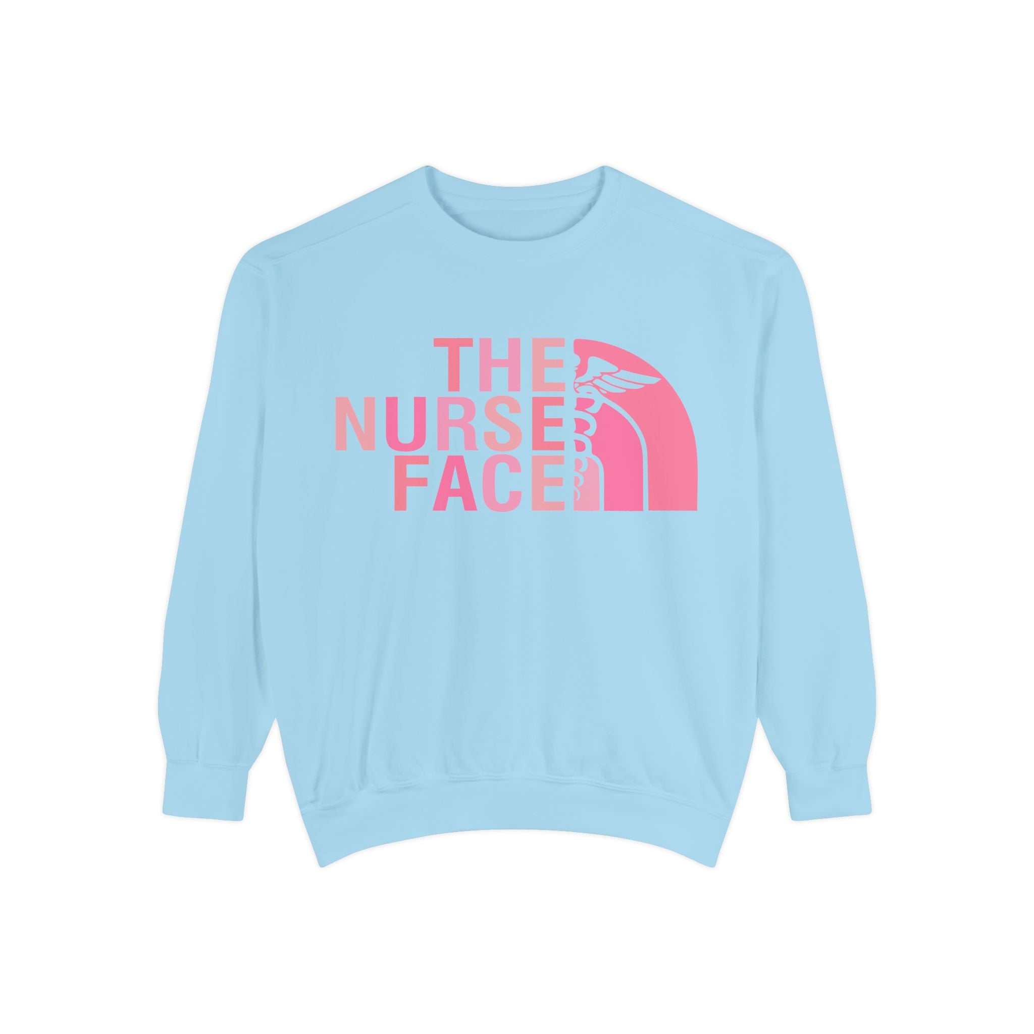 Nurse Face Sweatshirt — Pink Caduceus Retro Graphic Crewneck
