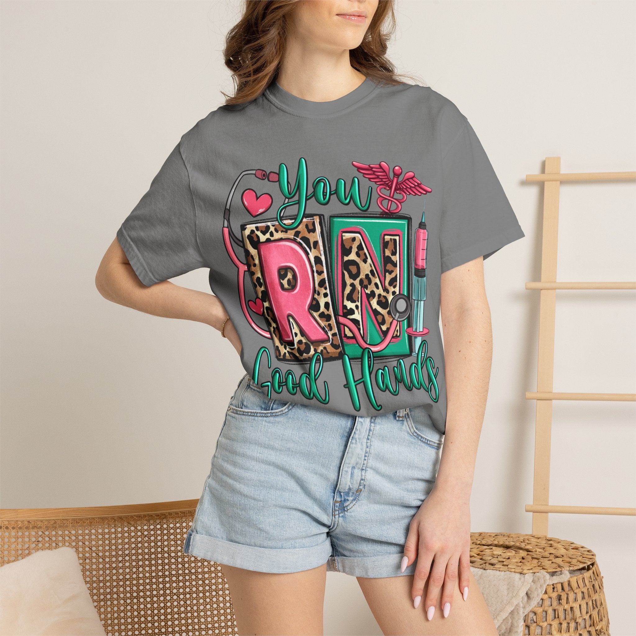 RN Good Hands T-Shirt — Cute Leopard Nurse Graphic Tee for Registered Nurses