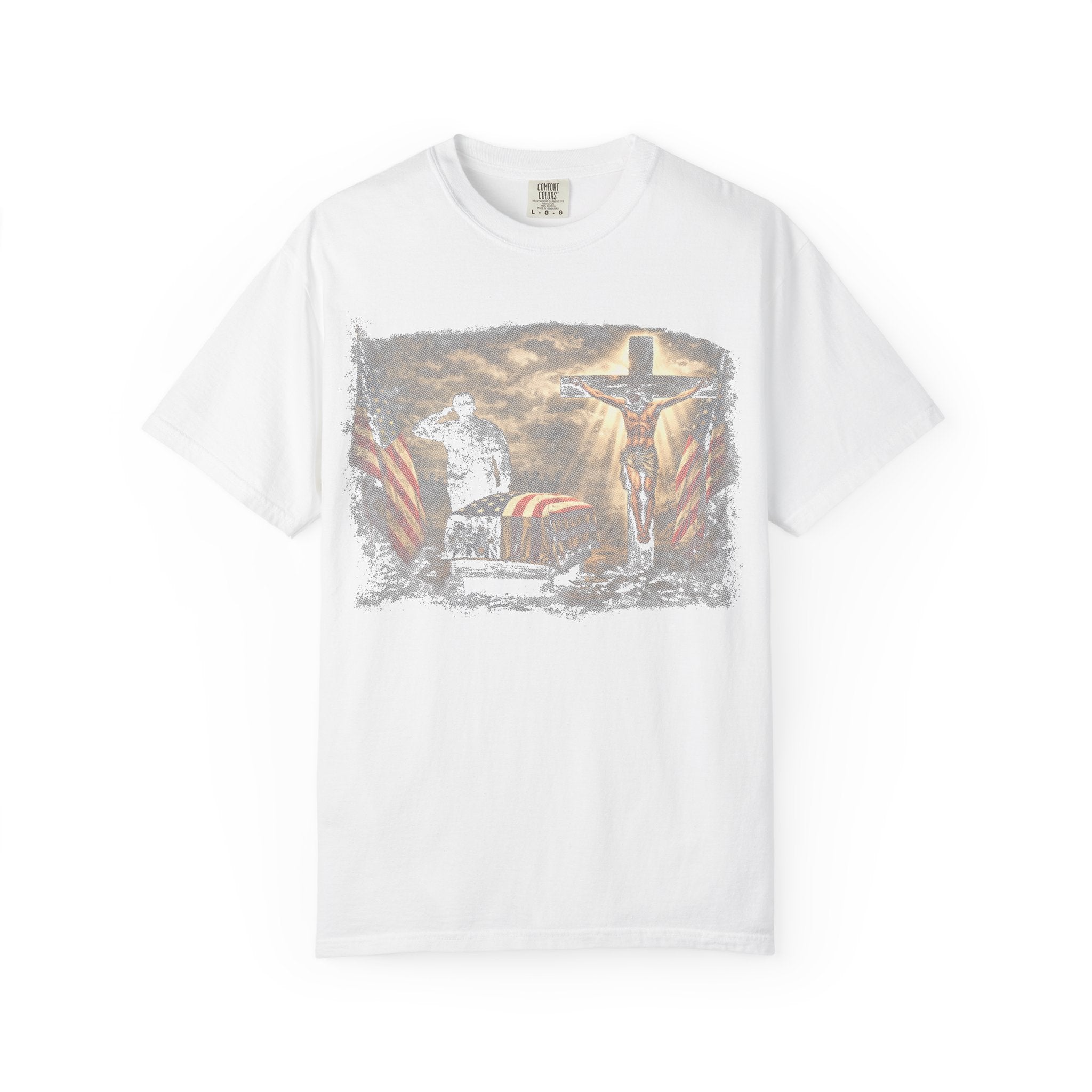 Christian Flag T-Shirt — Jesus on Cross with American Flag Graphic