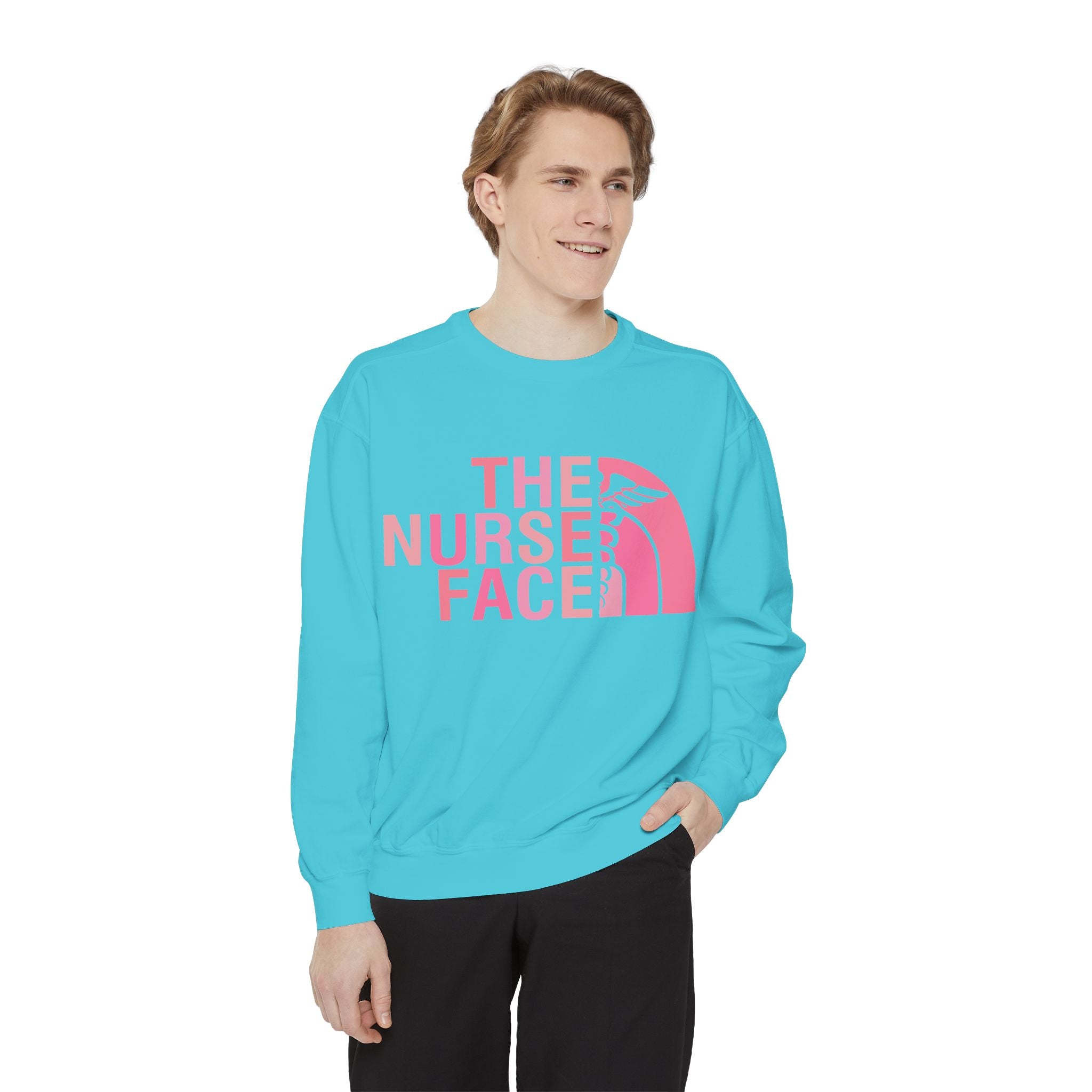 Nurse Face Sweatshirt — Pink Caduceus Retro Graphic Crewneck