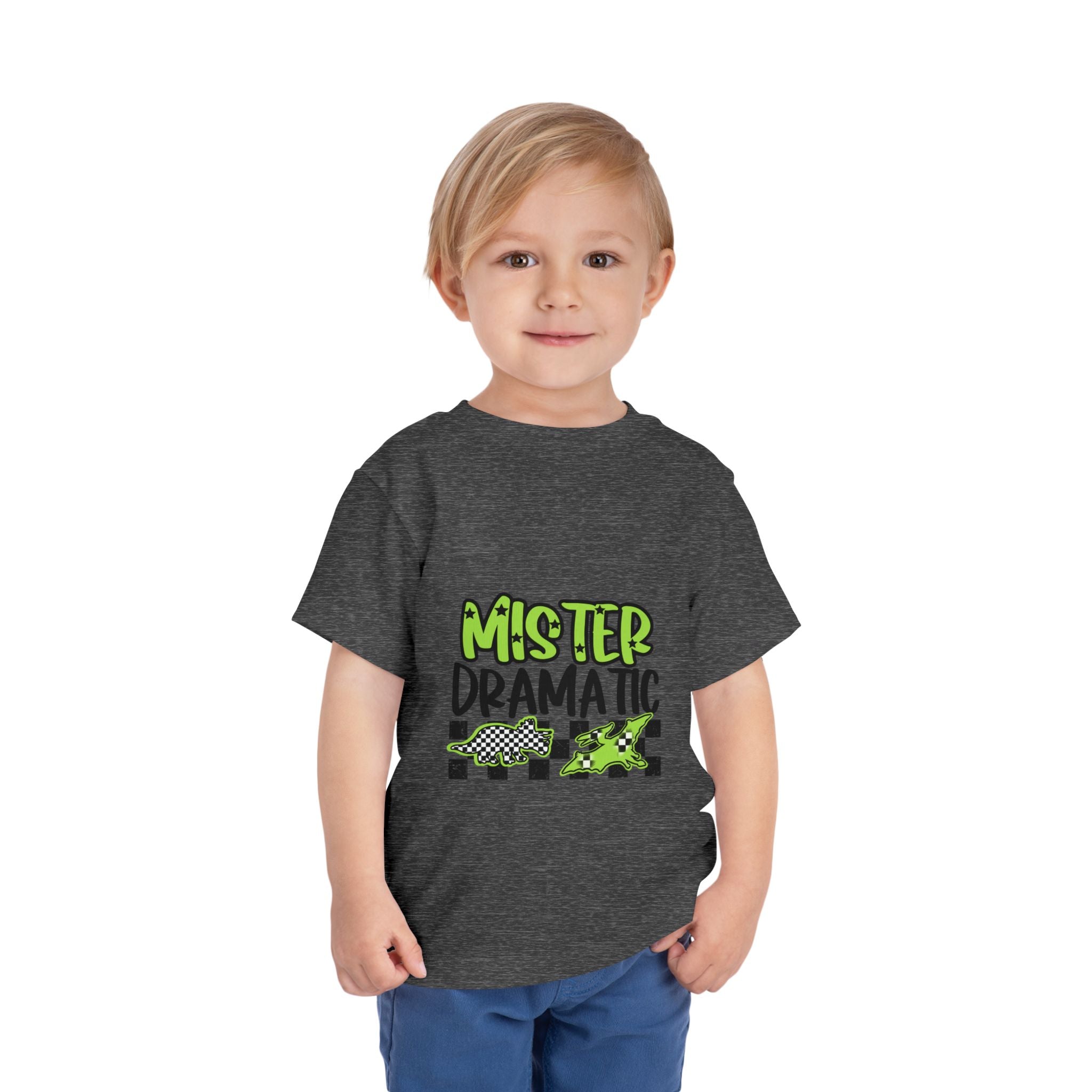 Toddler Tee — "Mister Dramatic" Neon Green Check Dinosaur Shirt