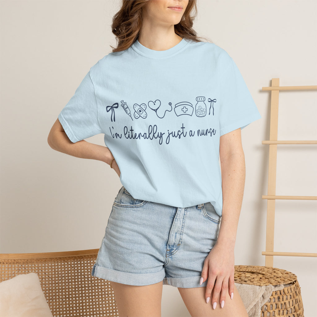 Nurse Crewneck T-Shirt — "I'm Literally Just a Nurse" Minimal Medical Icons Tee