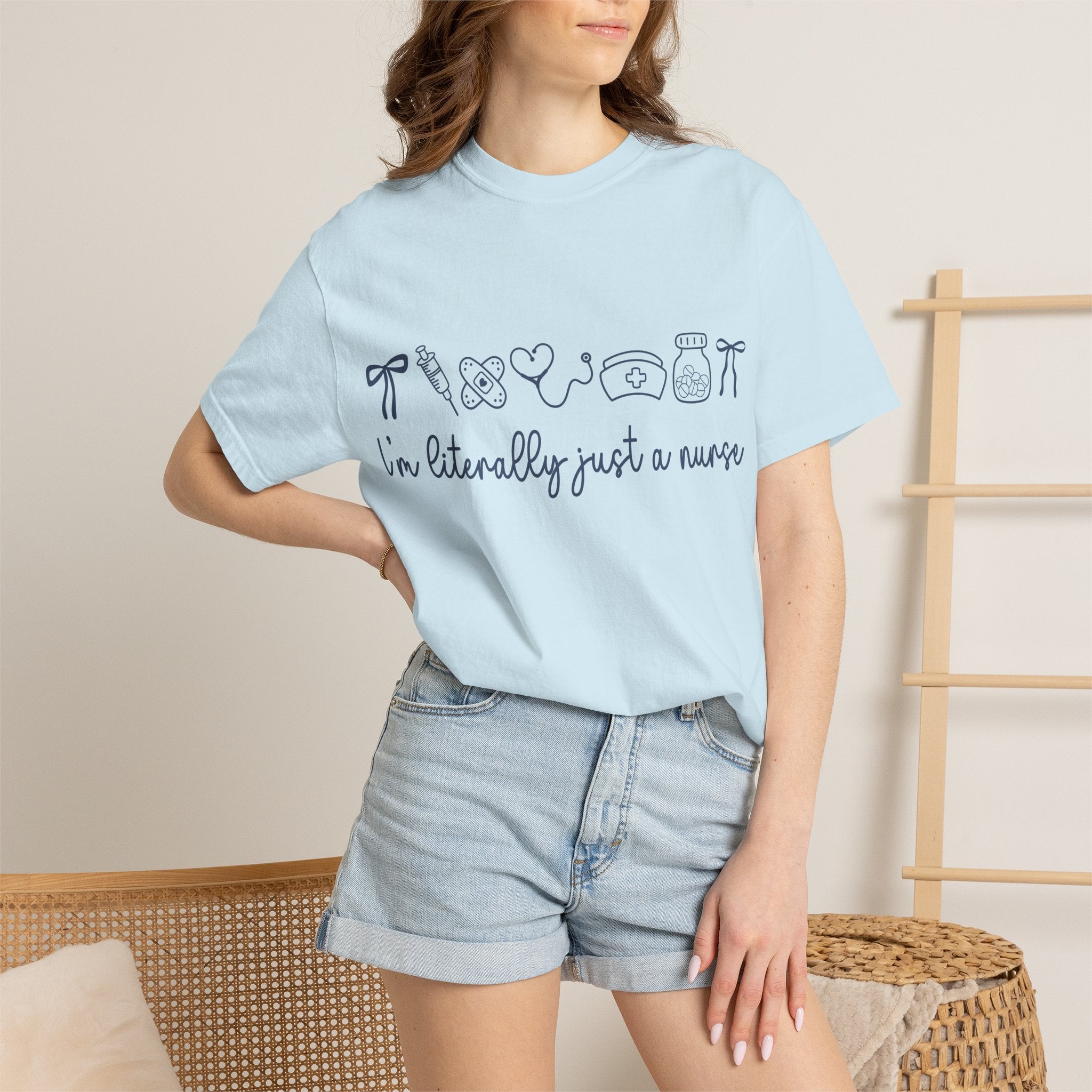 Nurse Crewneck T-Shirt — "I'm Literally Just a Nurse" Minimal Medical Icons Tee