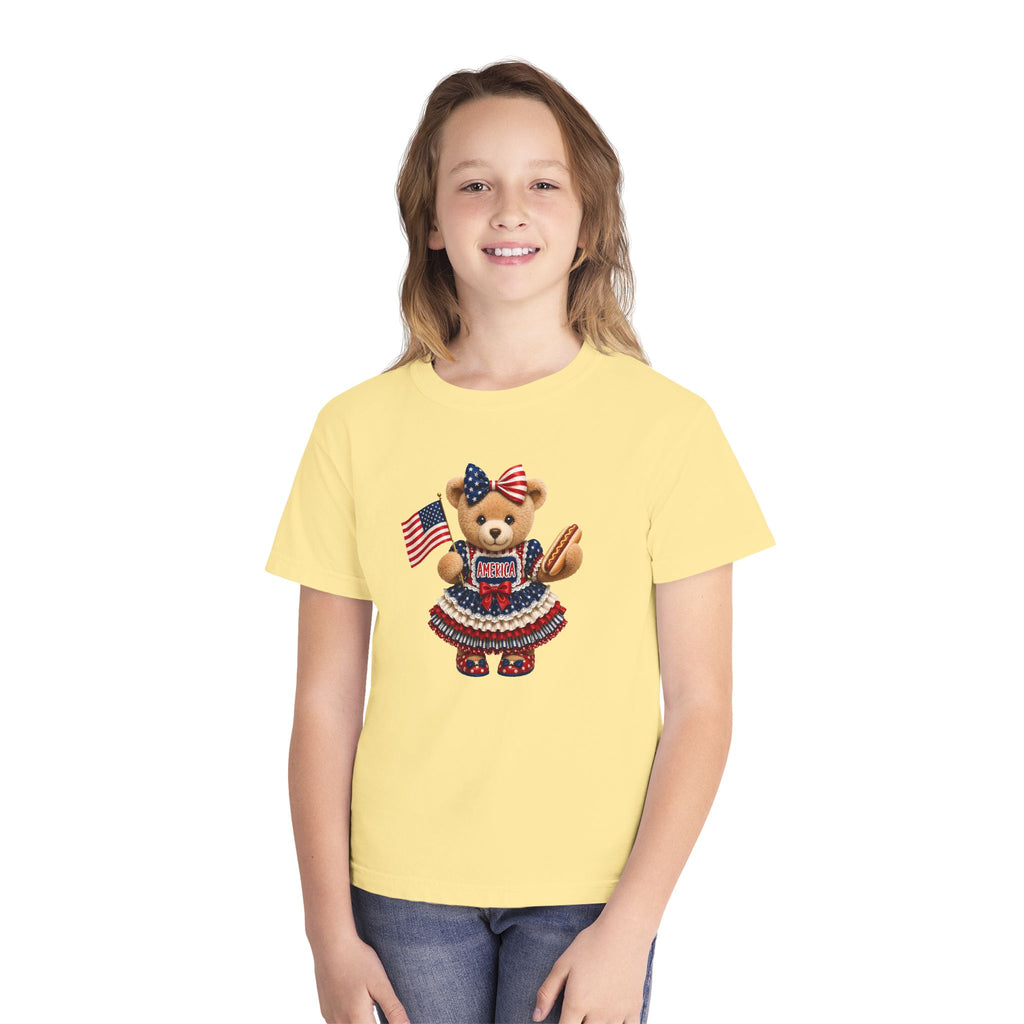 Youth Tee - Patriotic Bear Holding American Flag (4th of July Kids Shirt)