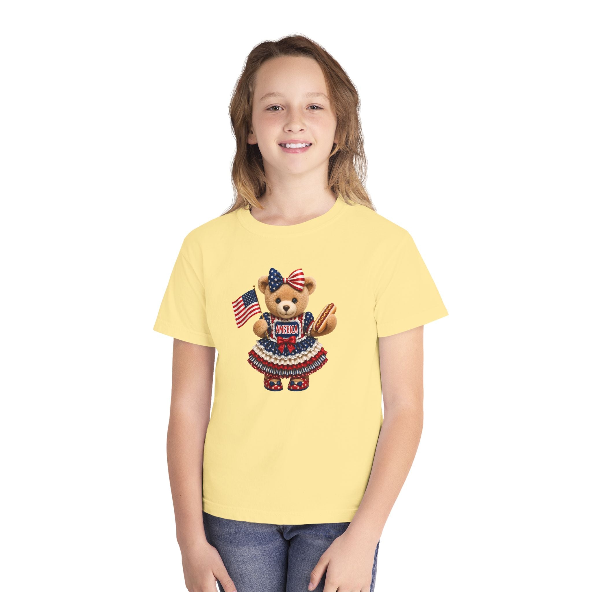 Youth Tee - Patriotic Bear Holding American Flag (4th of July Kids Shirt)