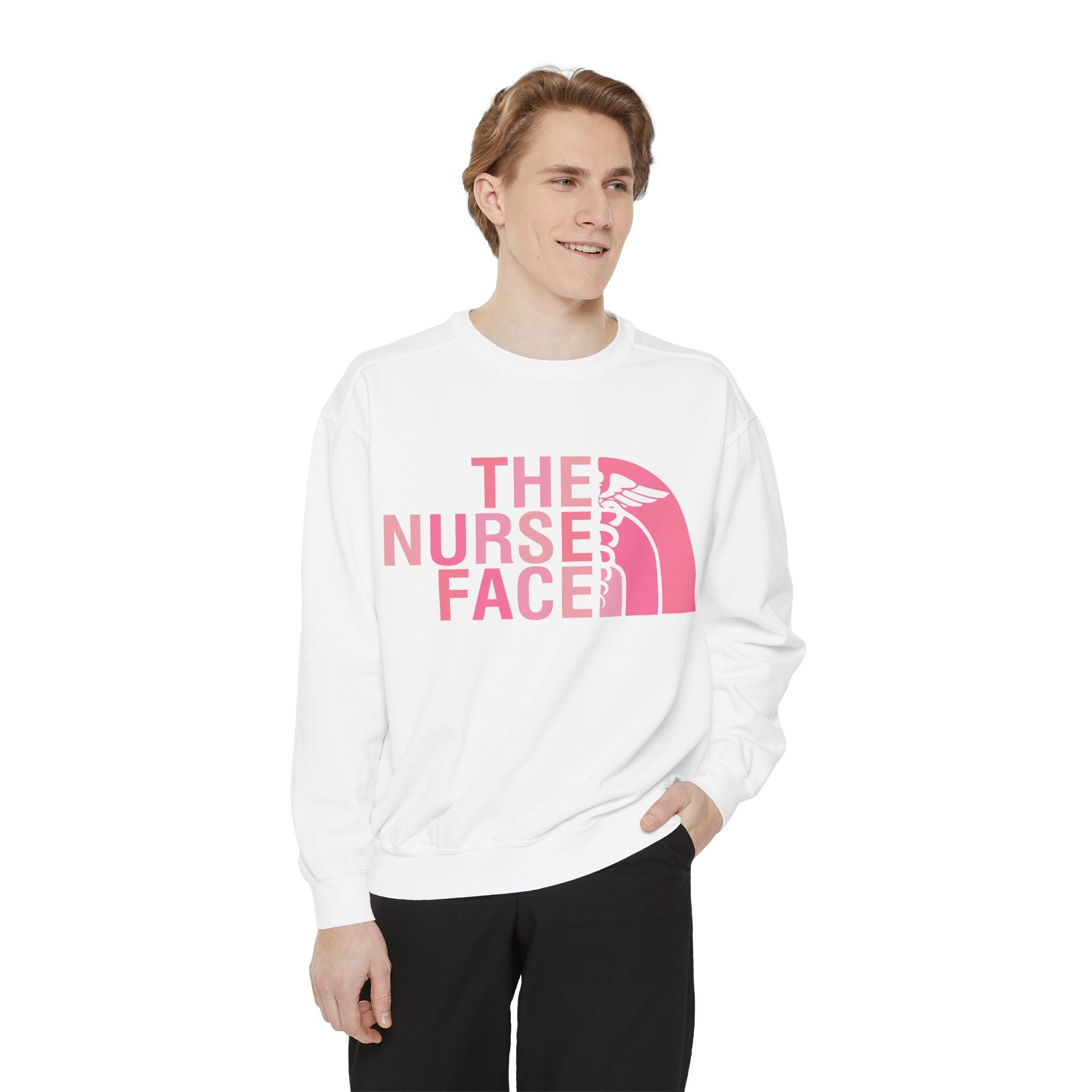 Nurse Face Sweatshirt — Pink Caduceus Retro Graphic Crewneck
