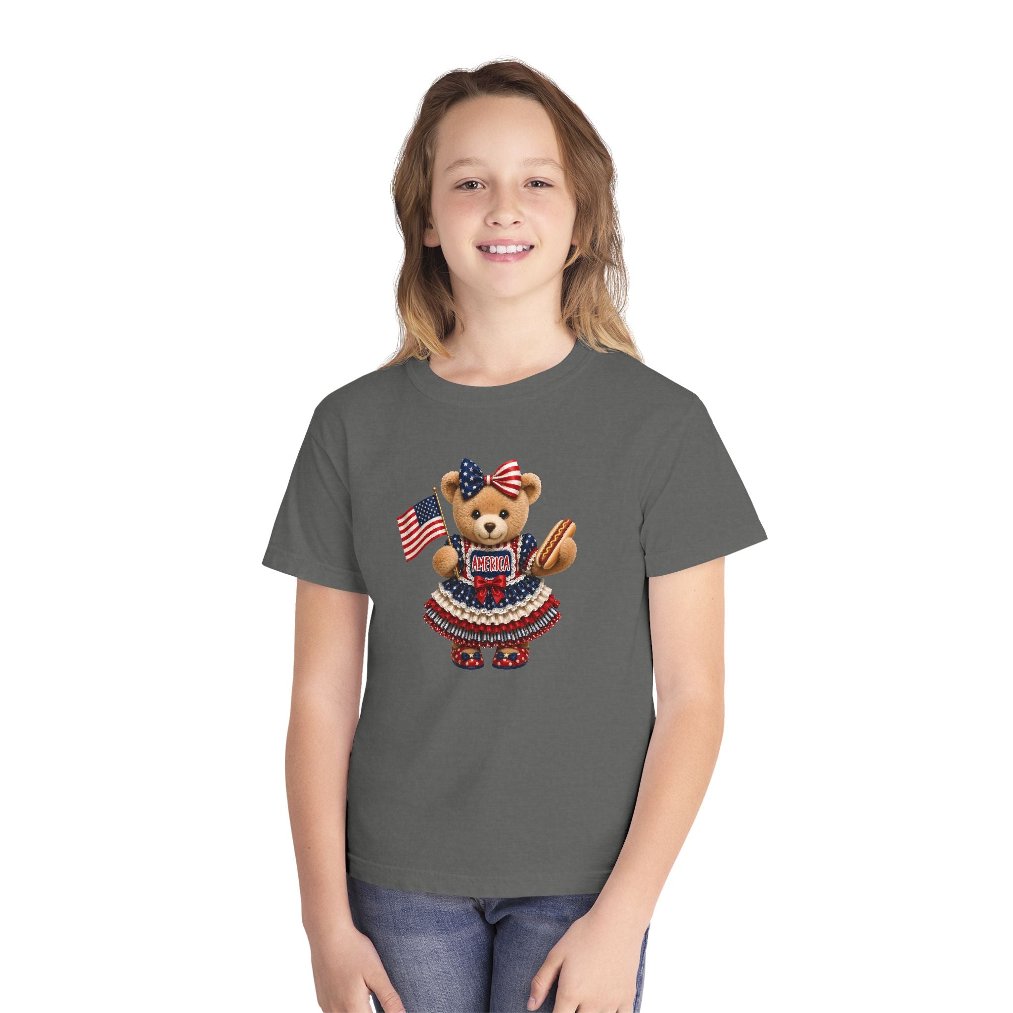 Youth Tee - Patriotic Bear Holding American Flag (4th of July Kids Shirt)