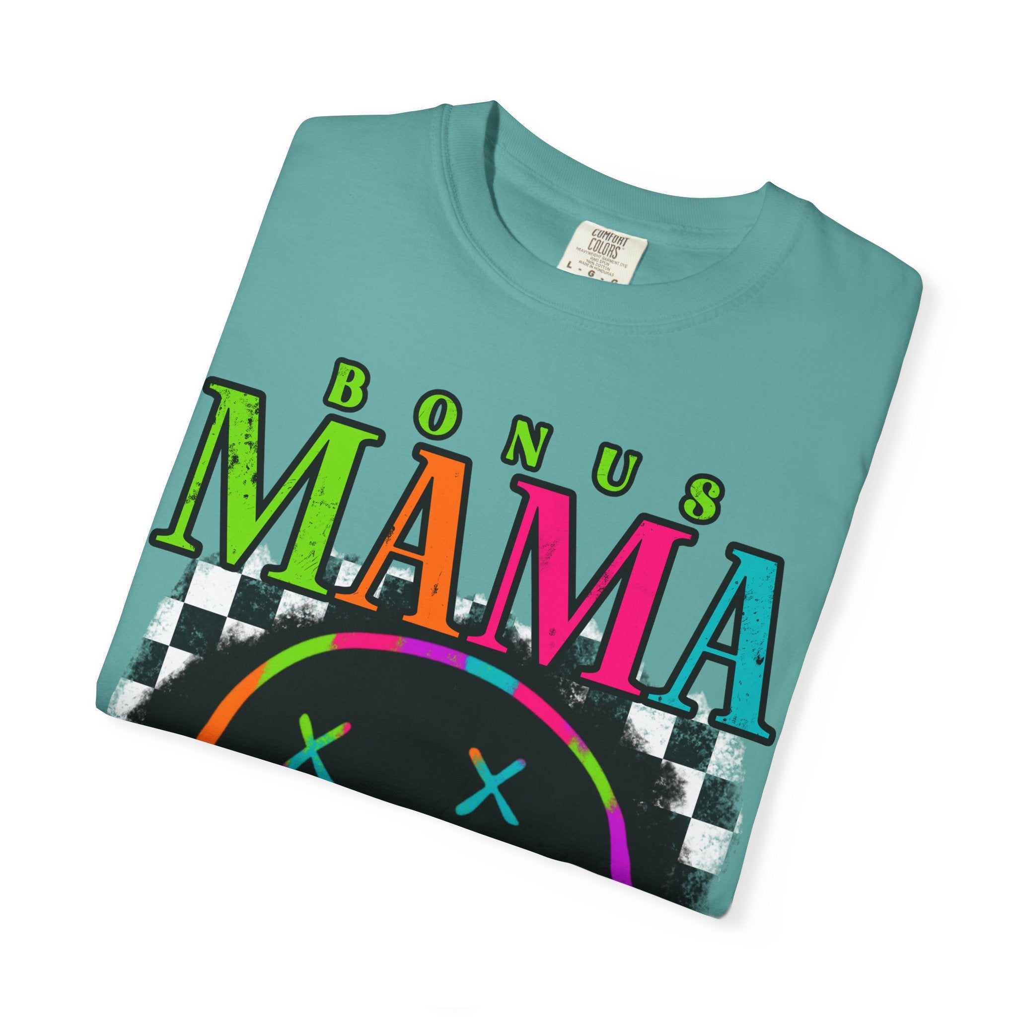 Bonus Mama Graphic T-Shirt — Neon Smiley Checkerboard Retro Tee