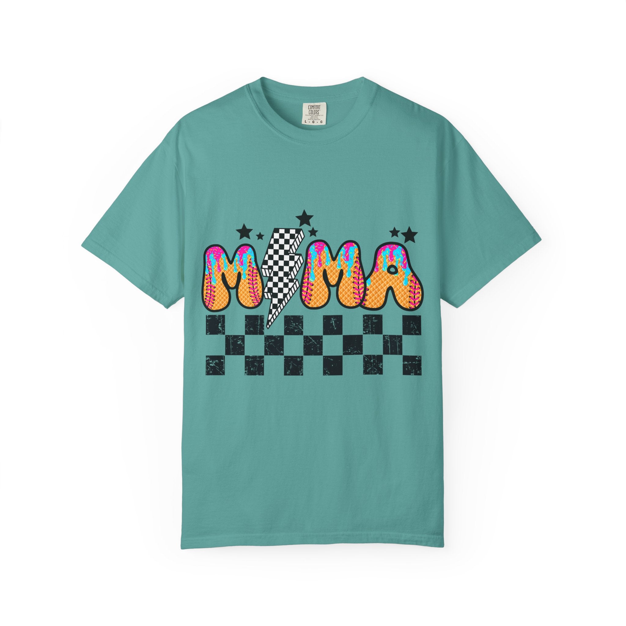 Retro Mama T-Shirt — Colorful Psychedelic 'MAMA' Graphic with Checkerboard