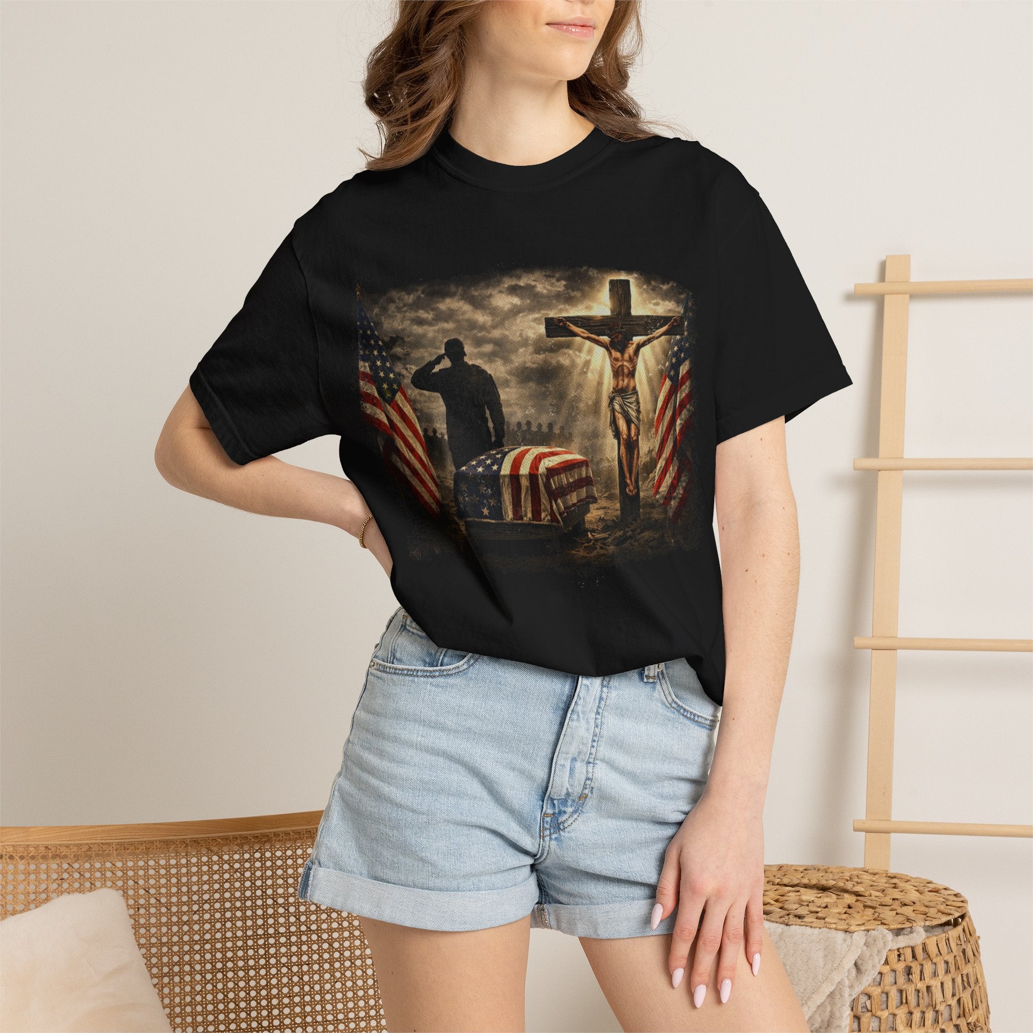 Christian Flag T-Shirt — Jesus on Cross with American Flag Graphic