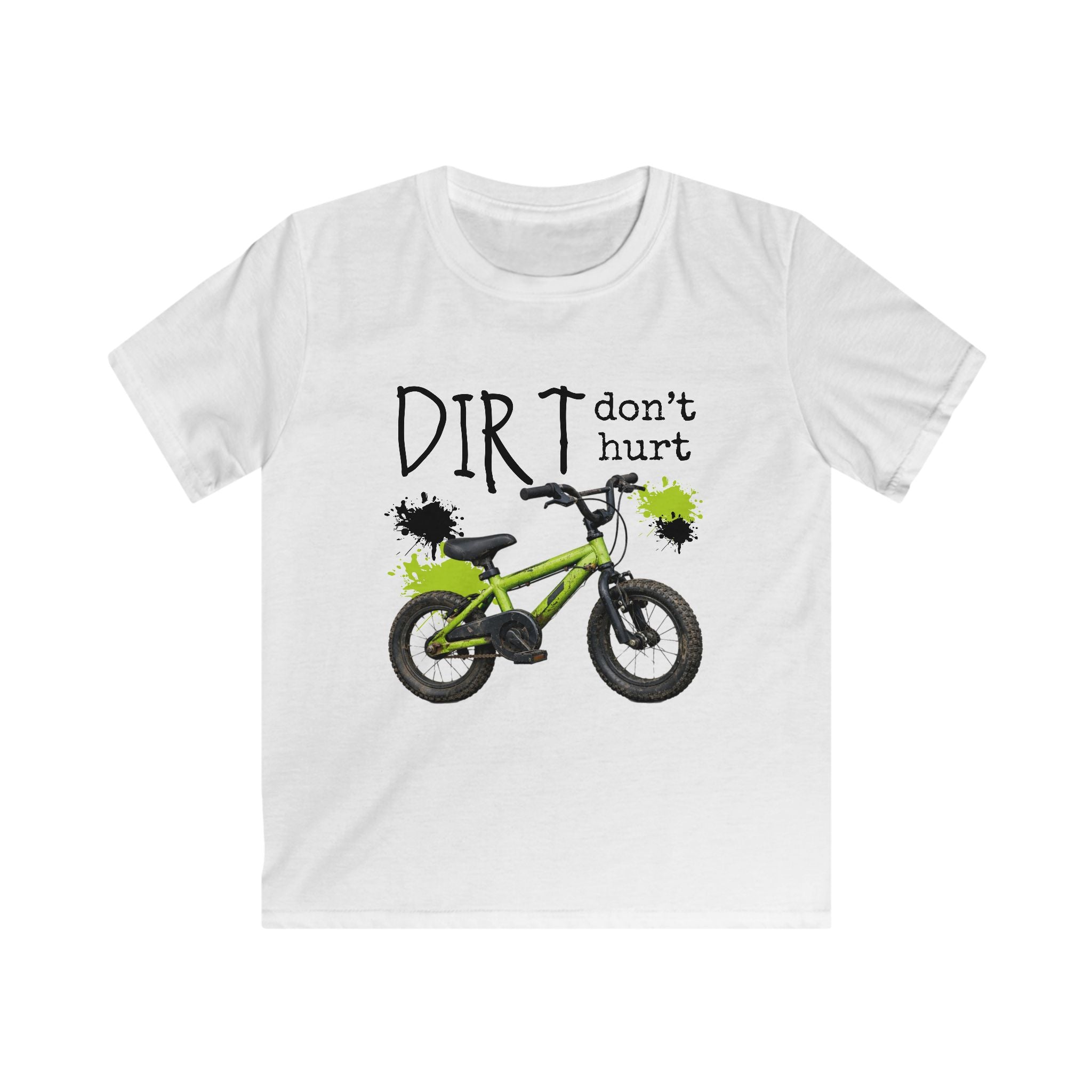 Kids Bike Tee - "Dirt Don't Hurt" Green BMX Shirt for Boys & Girls