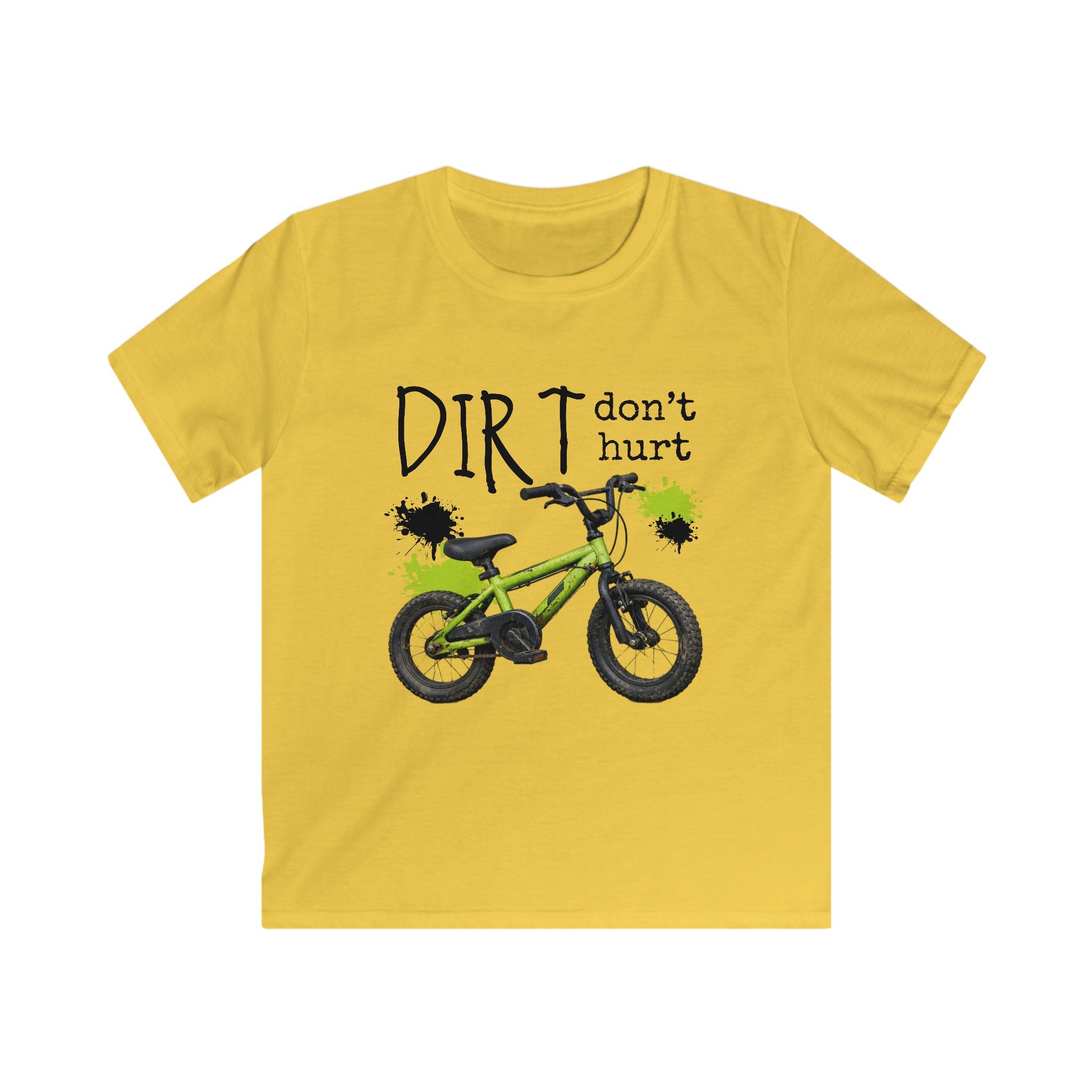 Kids Bike Tee - "Dirt Don't Hurt" Green BMX Shirt for Boys & Girls