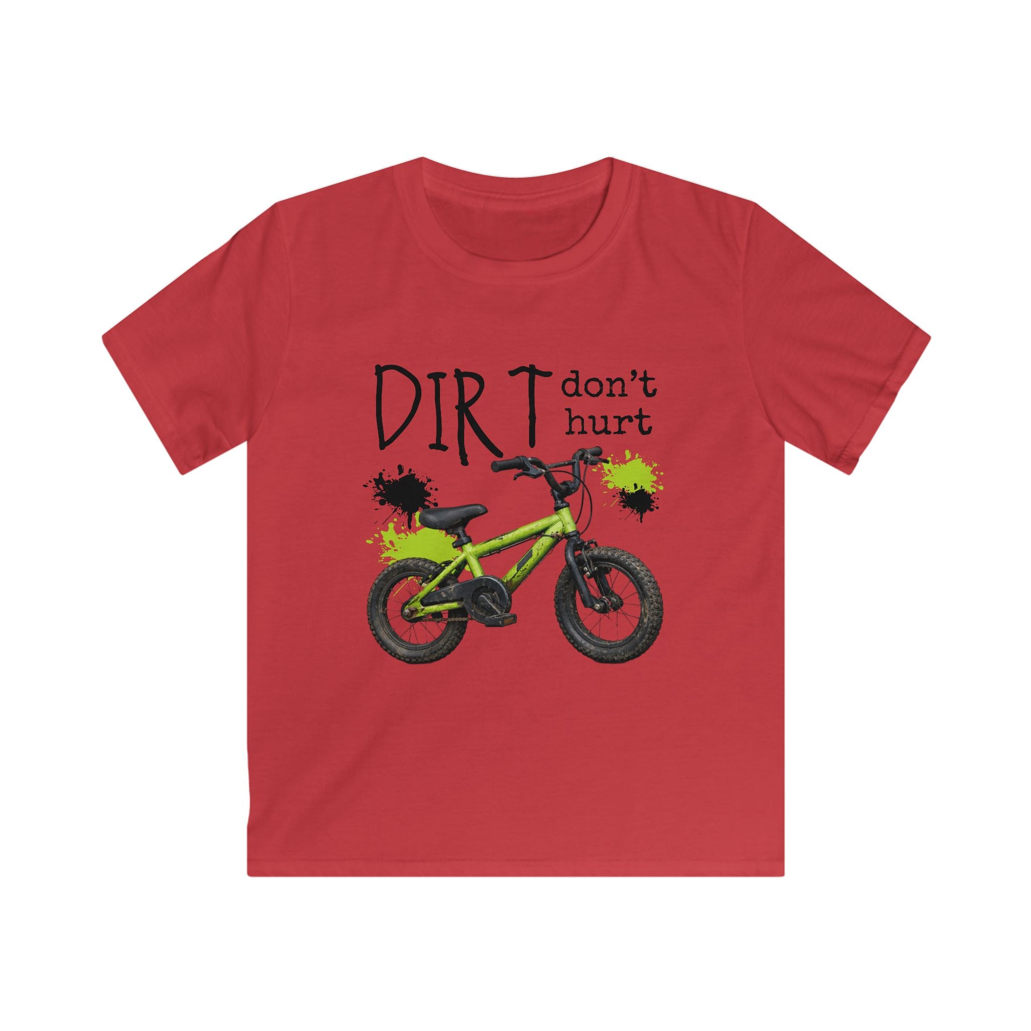 Kids Bike Tee - "Dirt Don't Hurt" Green BMX Shirt for Boys & Girls