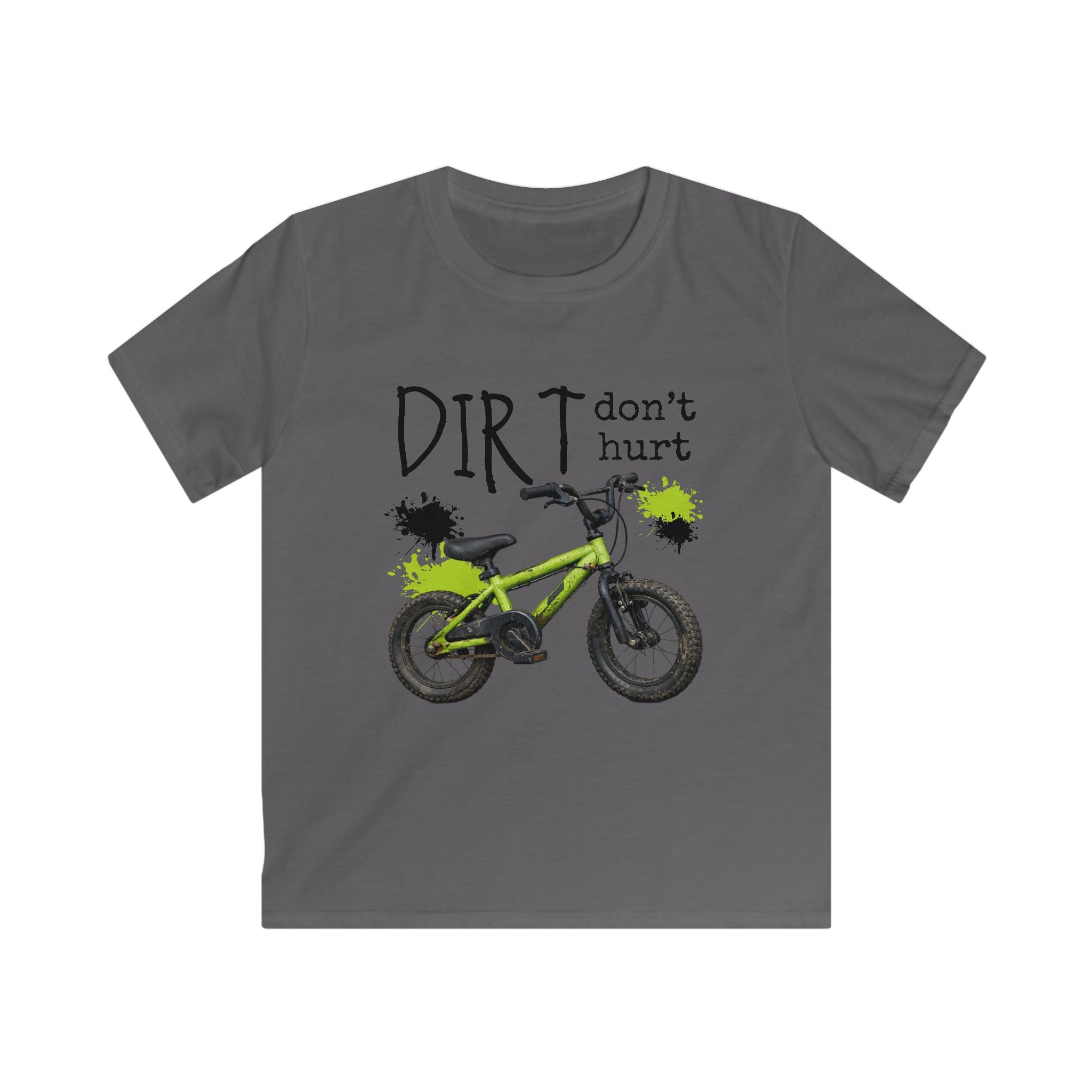 Kids Bike Tee - "Dirt Don't Hurt" Green BMX Shirt for Boys & Girls