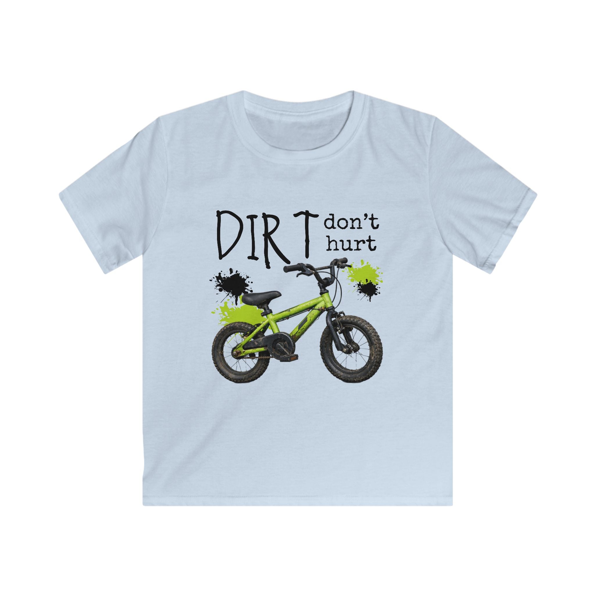 Kids Bike Tee - "Dirt Don't Hurt" Green BMX Shirt for Boys & Girls