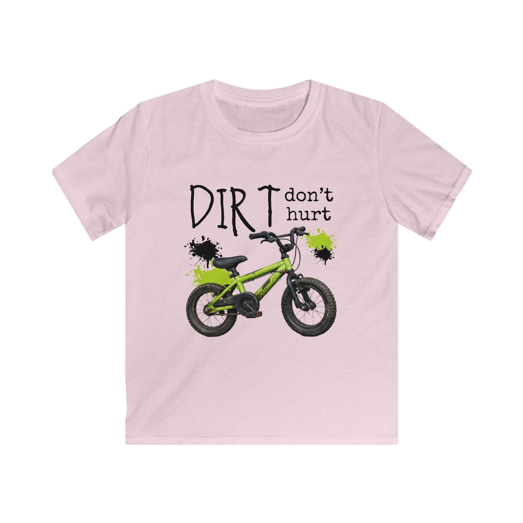 Kids Bike Tee - "Dirt Don't Hurt" Green BMX Shirt for Boys & Girls