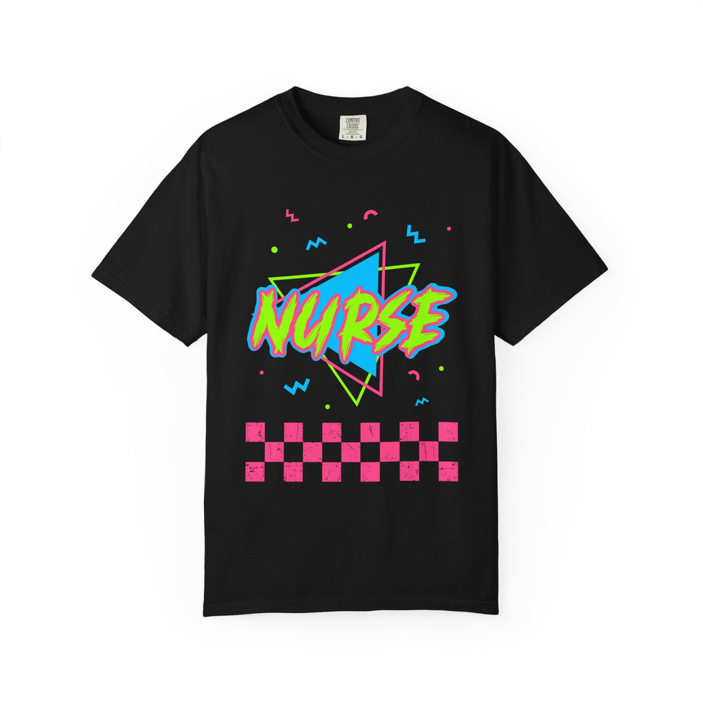 Nurse Retro 90s Graphic T-Shirt — Neon Checkerboard Medical Tee