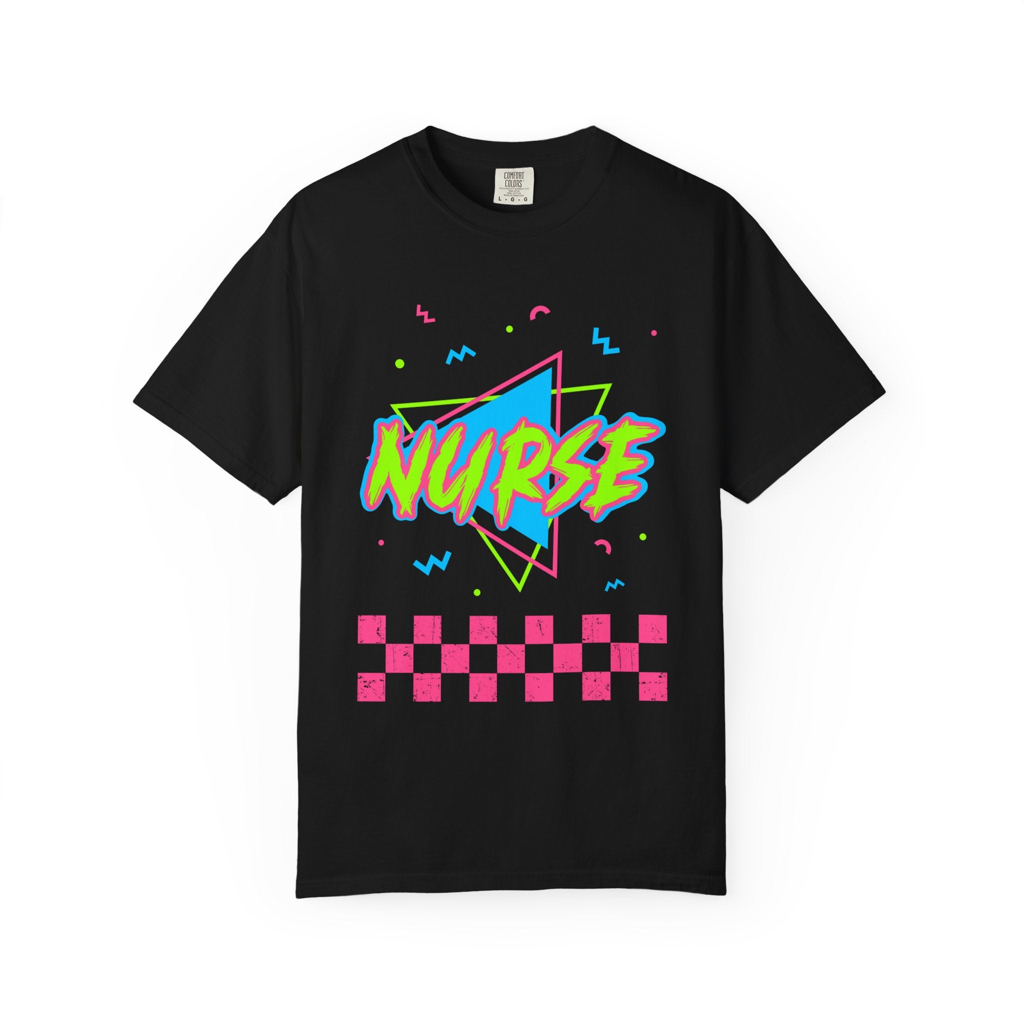 Nurse Retro 90s Graphic T-Shirt — Neon Checkerboard Medical Tee