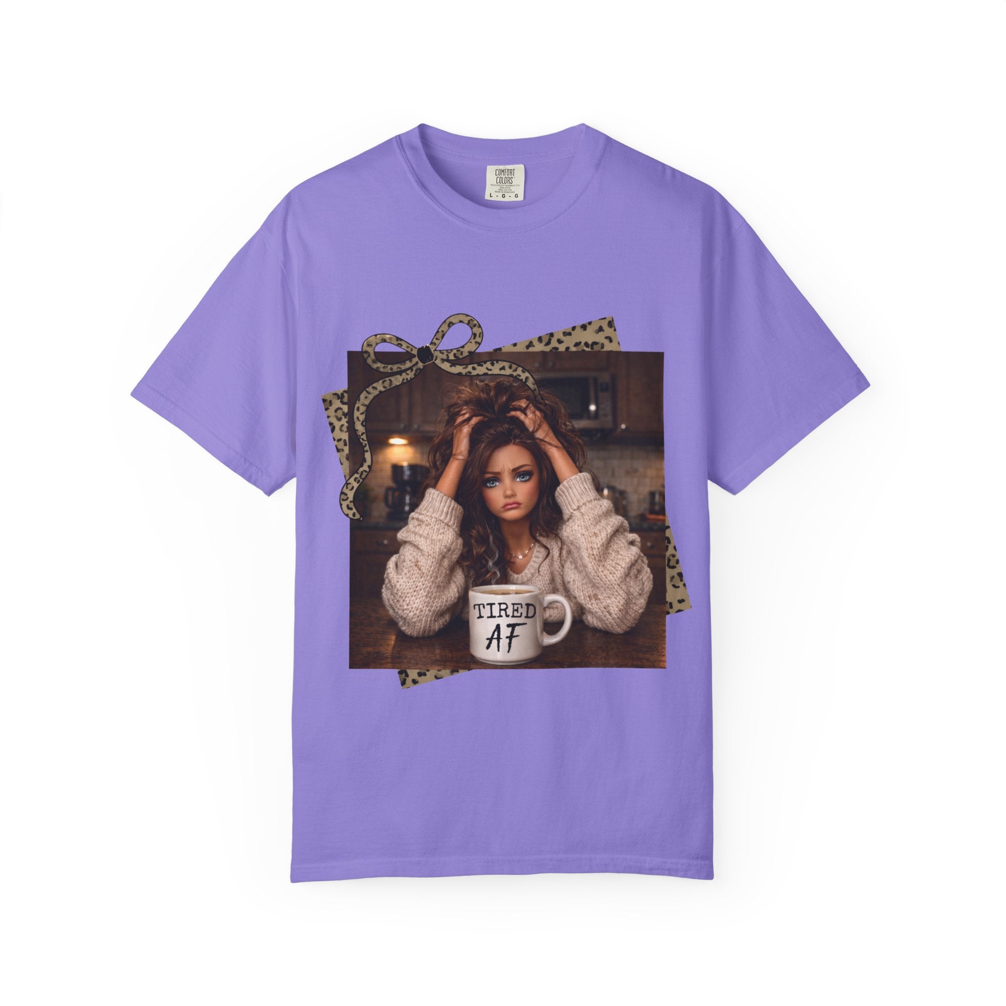 T-Shirt — 'Tired AF' Cozy Photo Tee (Leopard Accent)