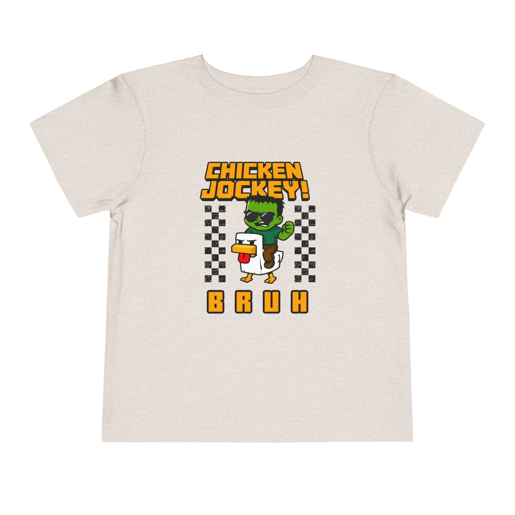 Toddler Tee — "Chicken Jockey! Bruh" Cartoon Racer Chicken Kids Shirt